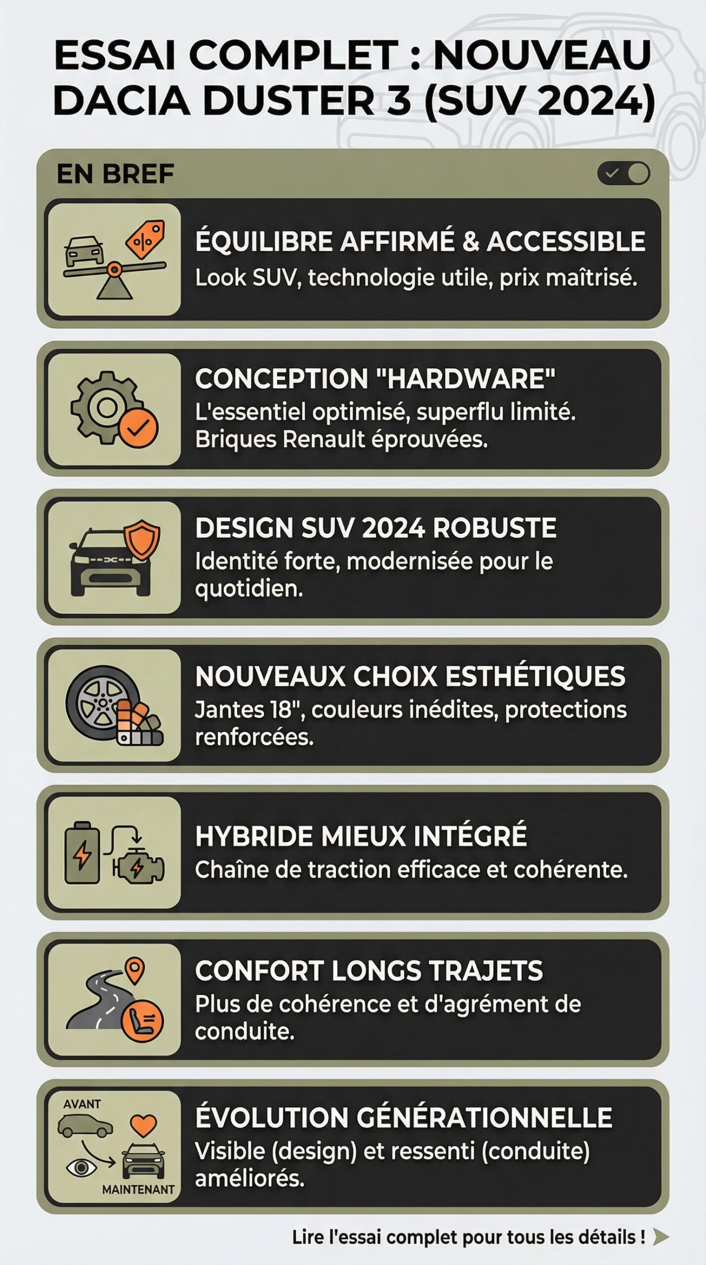 Infographie récapitulative : Essai complet du nouveau Dacia Duster 3 : découvrez le SUV 2024