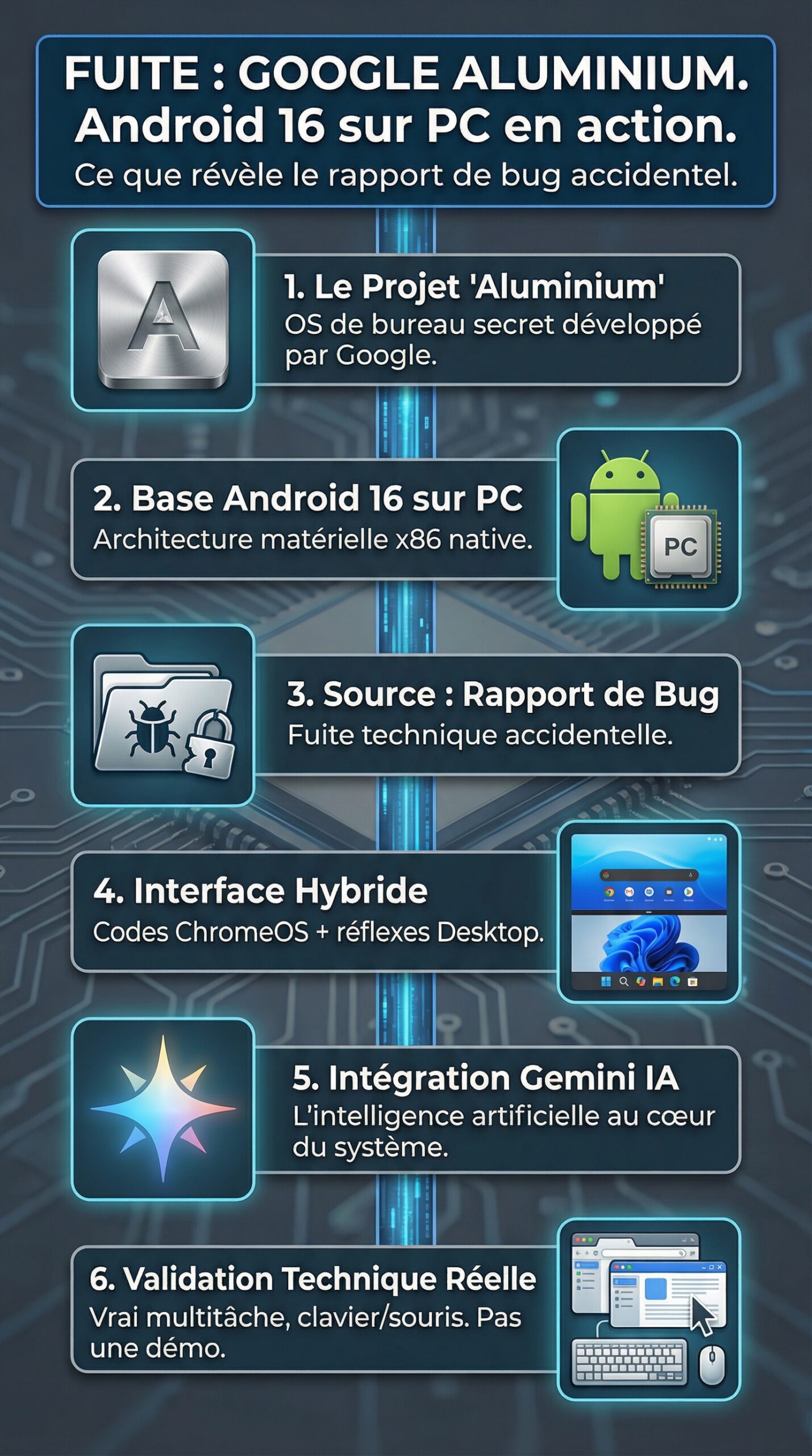 Infographie récapitulative : Fuite du système Aluminium de Google : Découvrez Android 16 en action sur du matériel PC