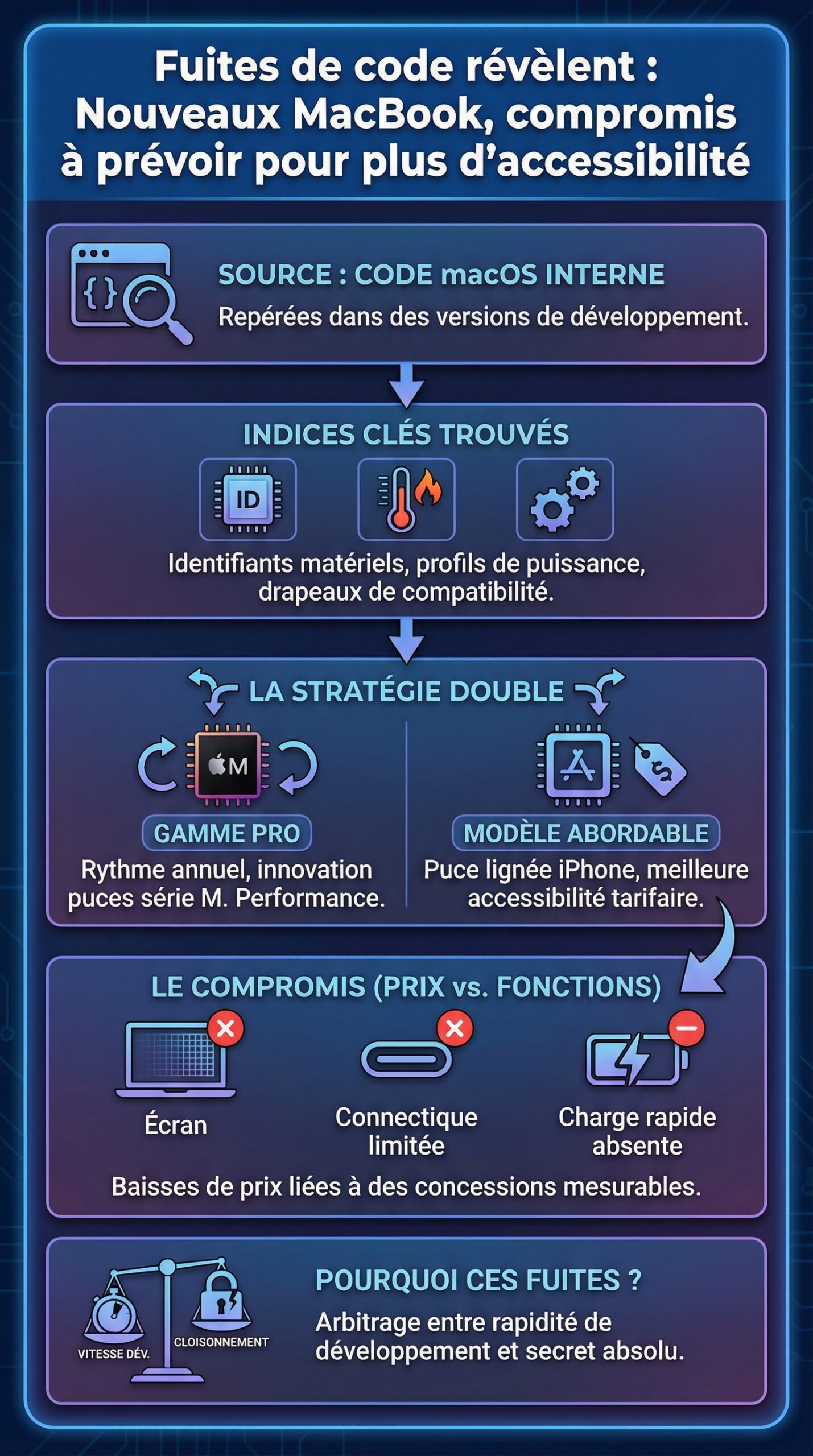 Infographie récapitulative : Fuites de code révèlent : Nouveaux MacBook, compromis à prévoir pour plus d’accessibilité