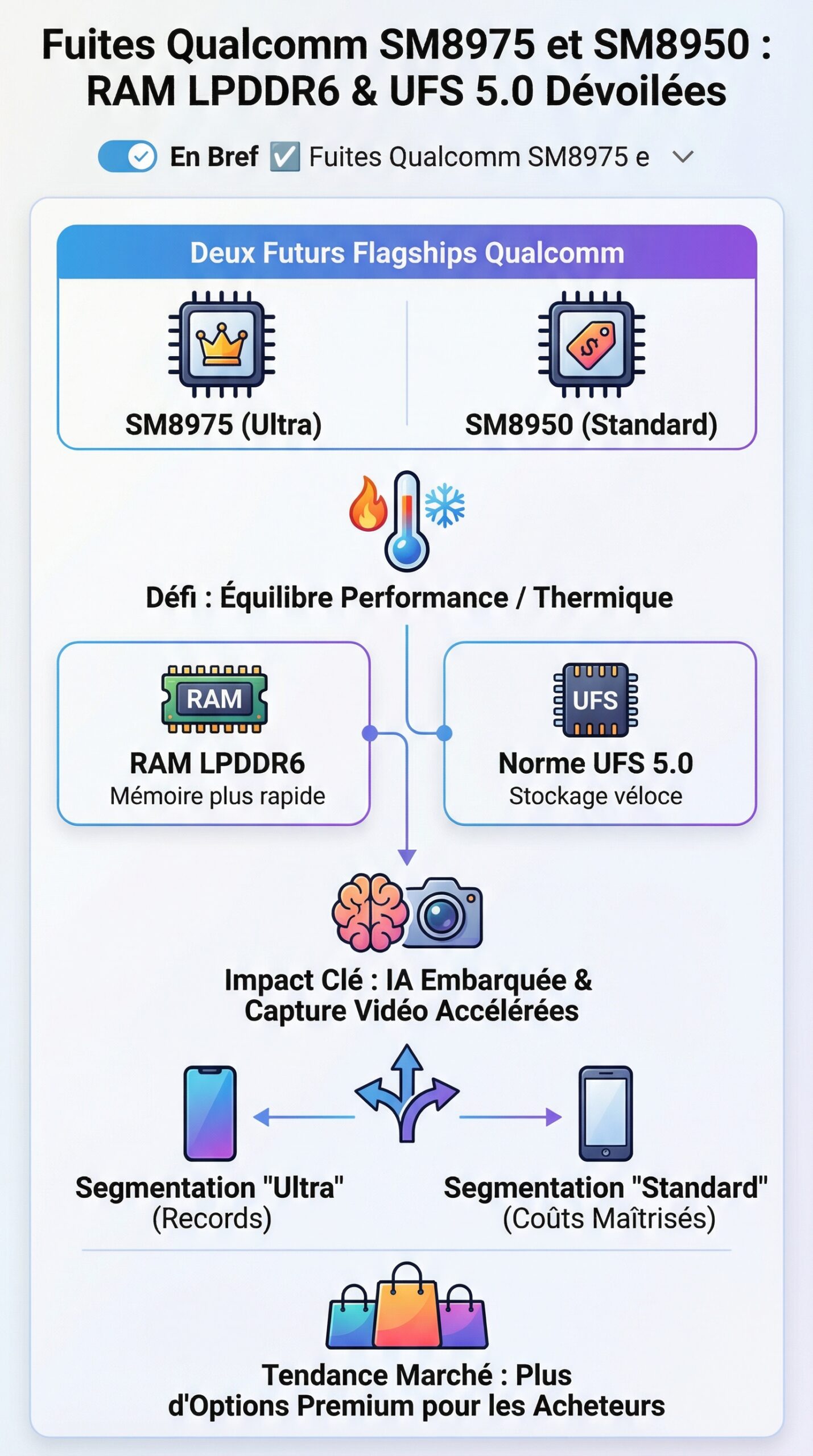 Infographie récapitulative : Fuites sur les processeurs phares Qualcomm SM8975 et SM8950 : prise en charge de la RAM LPDDR6 et normes technologiques UFS 5.0 dévoilées