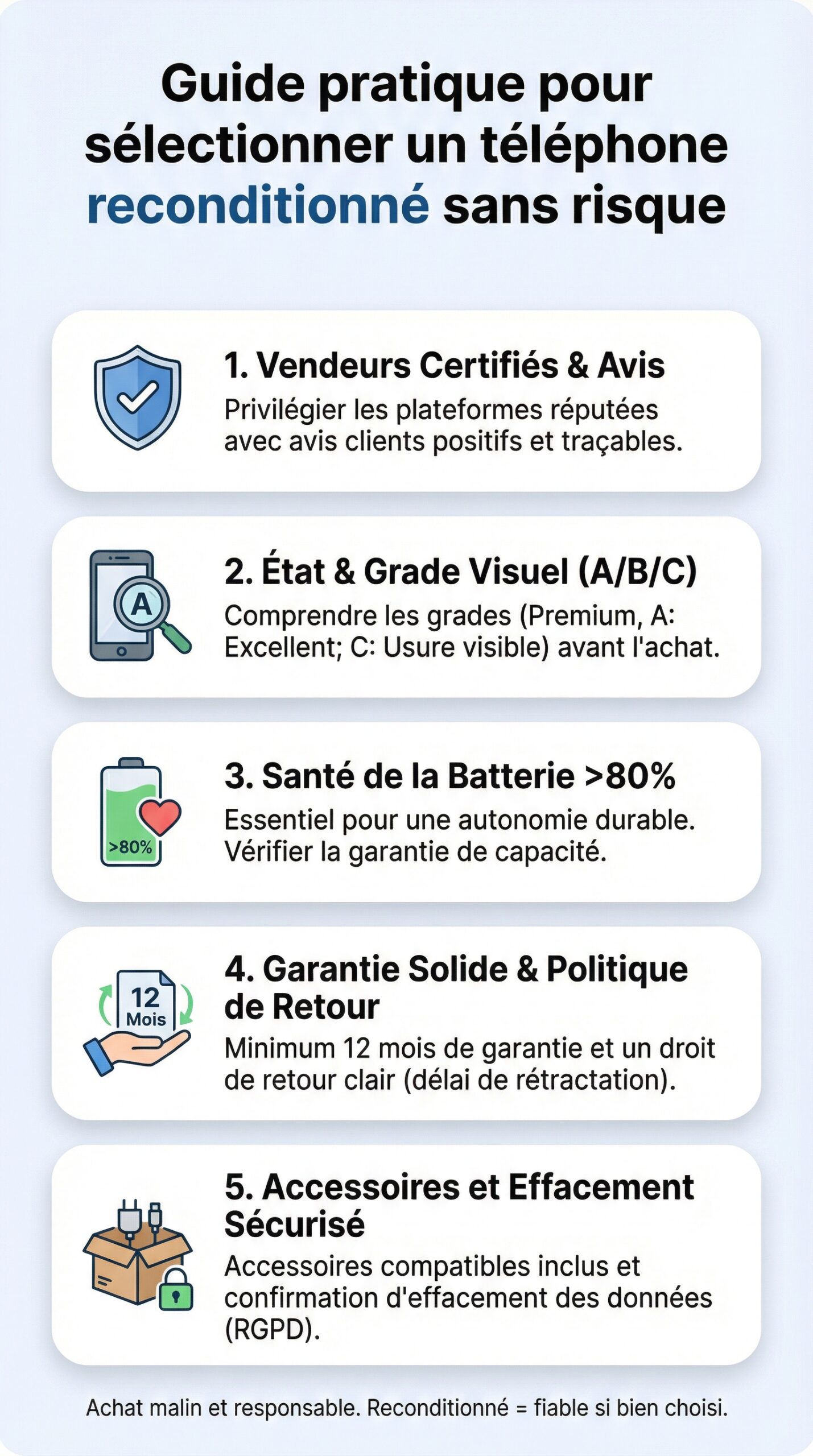 Infographie récapitulative : Guide pratique pour sélectionner un téléphone reconditionné sans risque