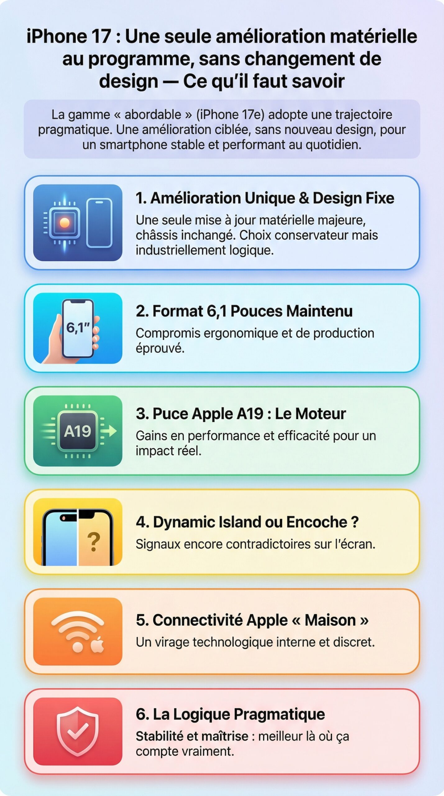 Infographie récapitulative : iPhone 17 : Une seule amélioration matérielle au programme, sans changement de design — Ce qu&rsquo;il faut savoir