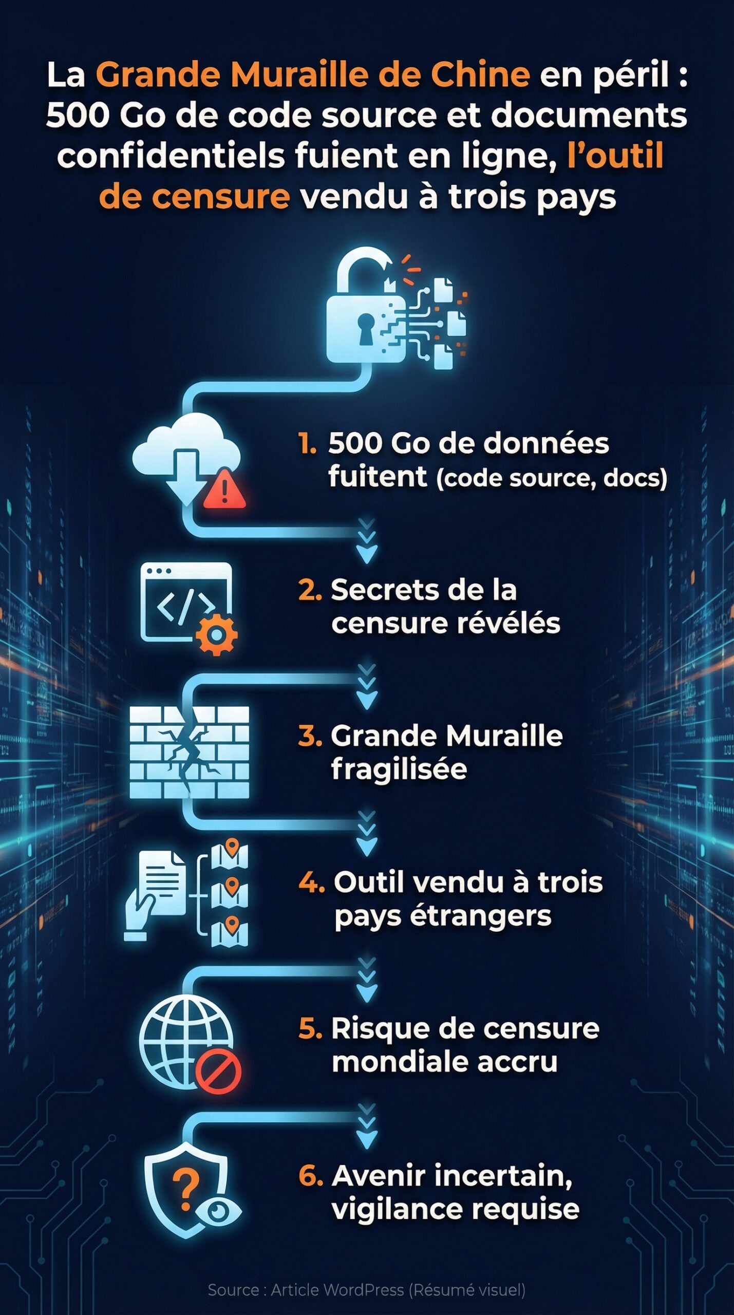 Infographie récapitulative : La Grande Muraille de Chine en péril : 500 Go de code source et documents confidentiels fuient en ligne, l&rsquo;outil de censure vendu à trois pays