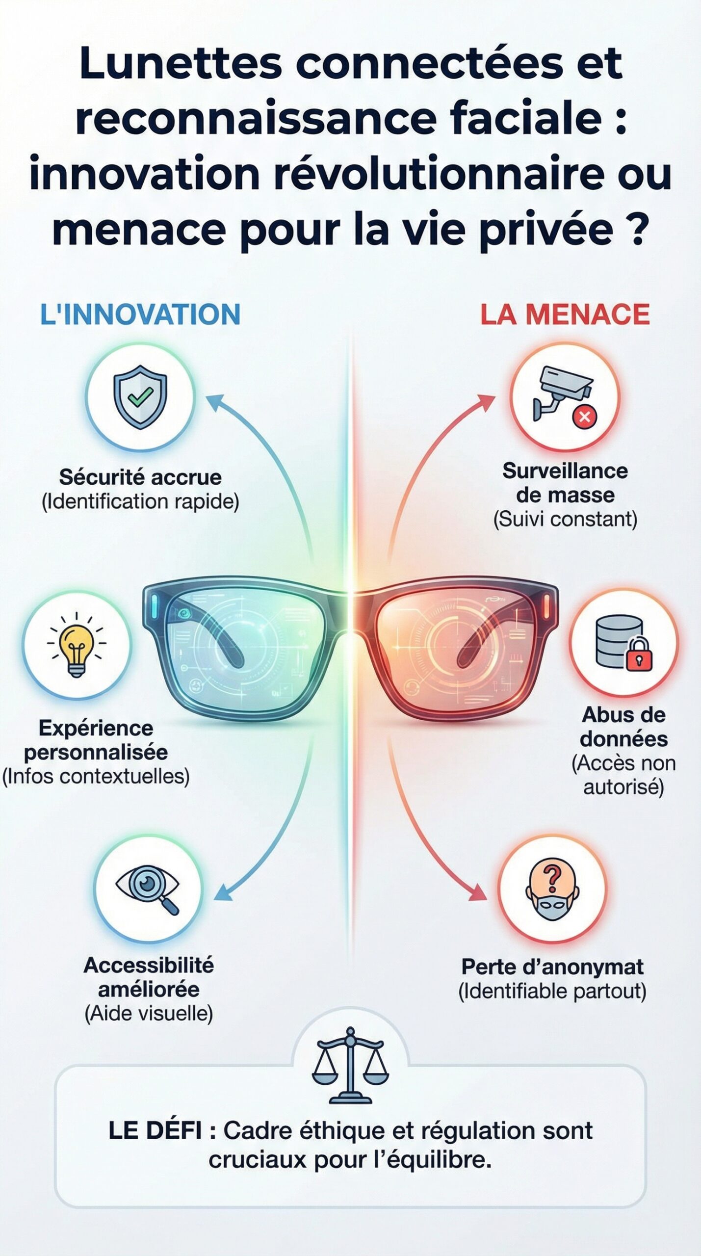 Infographie récapitulative : Lunettes connectées et reconnaissance faciale : innovation révolutionnaire ou menace pour la vie privée ?