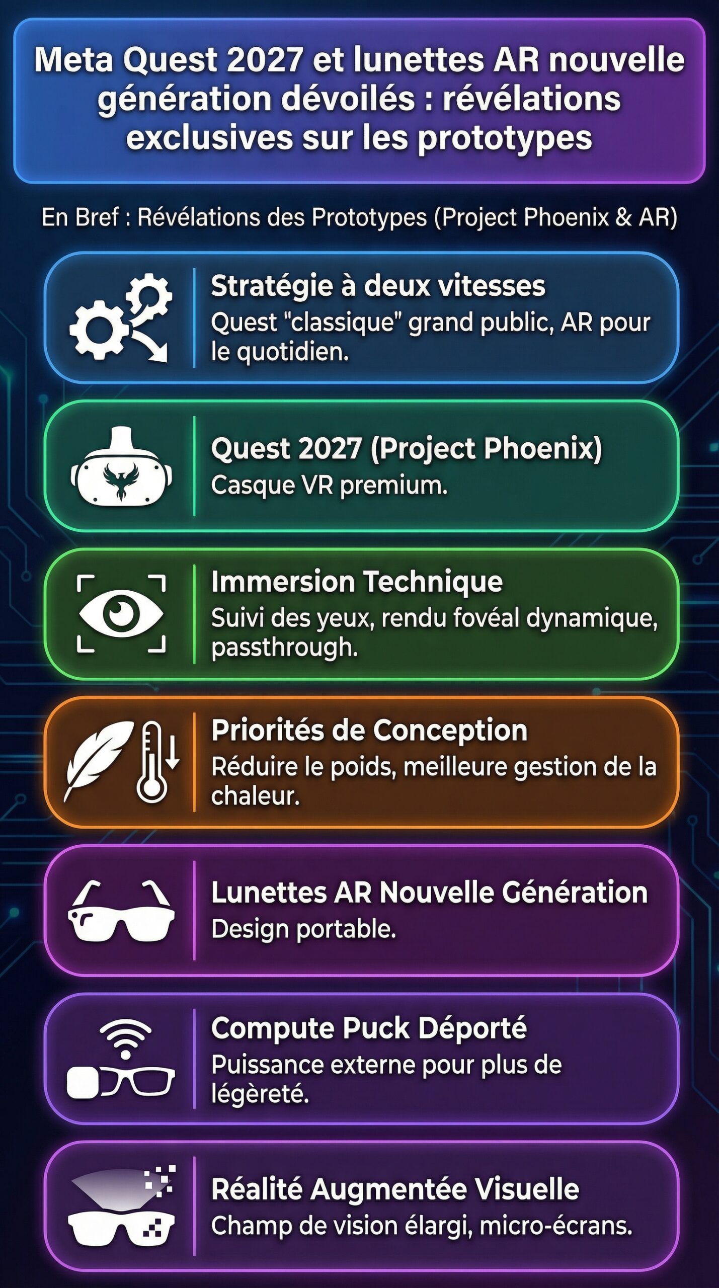 Infographie récapitulative : Meta Quest 2027 et lunettes AR nouvelle génération dévoilés : révélations exclusives sur les prototypes