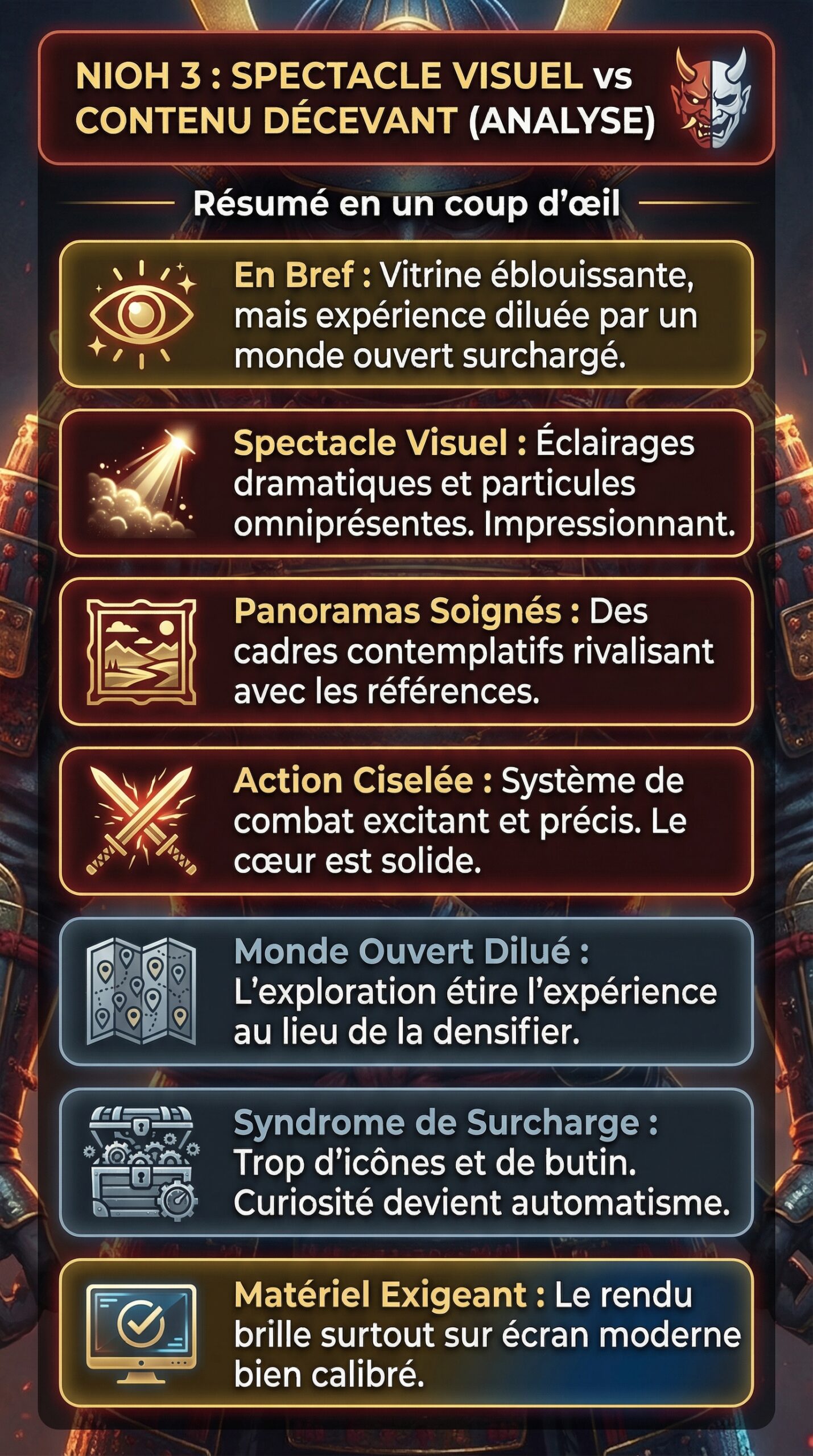 Infographie récapitulative : Nioh 3 : un spectacle visuel impressionnant, mais un contenu décevant – notre analyse détaillée