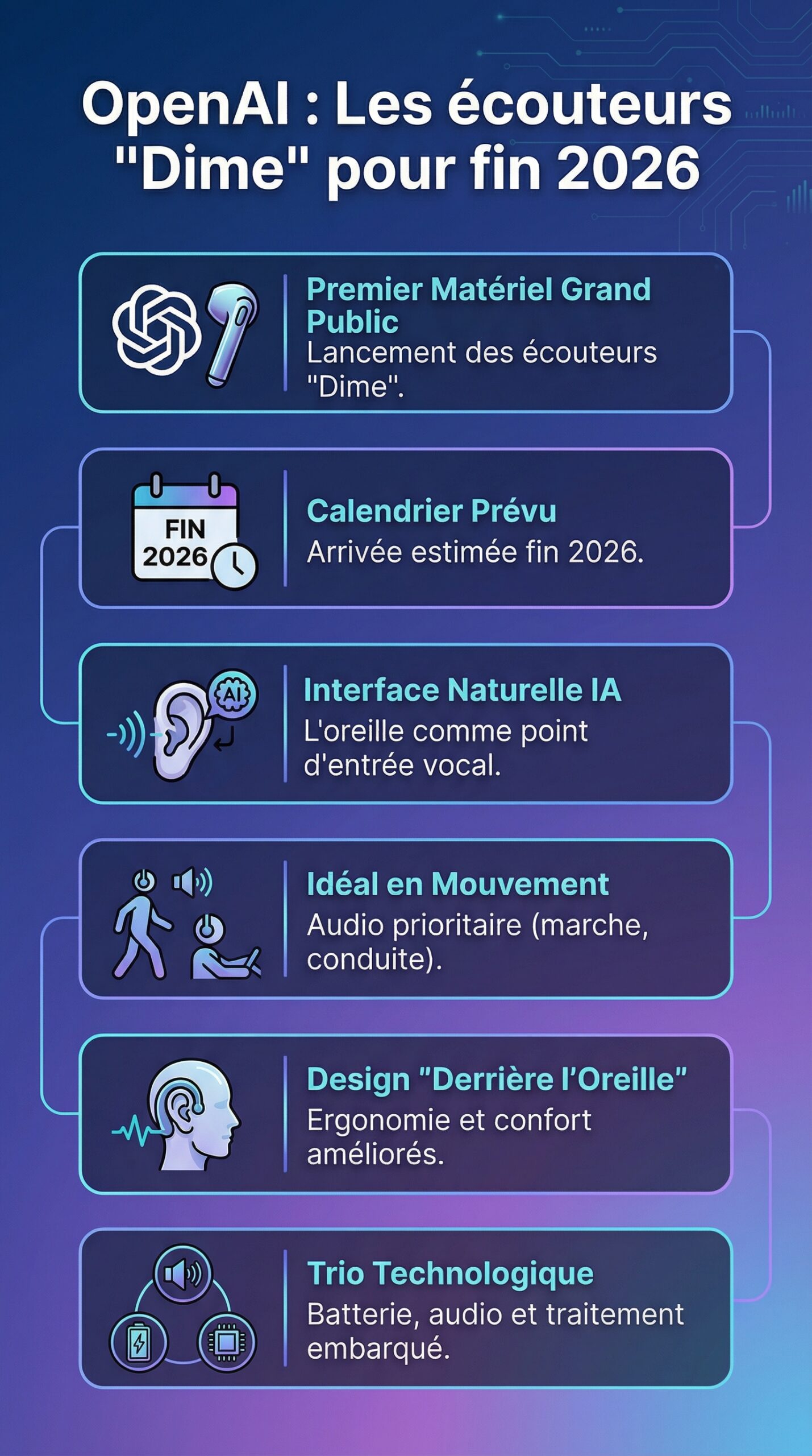 Infographie récapitulative : OpenAI prépare le lancement de ses premiers écouteurs grand public, les Dime, prévu pour fin 2026