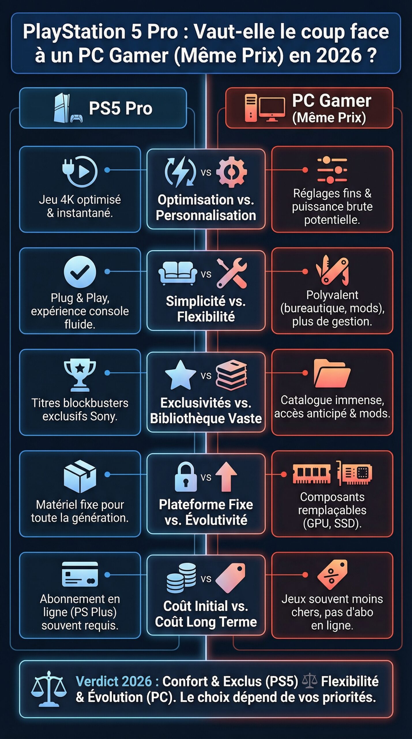 Infographie récapitulative : PlayStation 5 Pro : Vaut-elle le coup face à un PC Gamer au même prix en 2026 ?