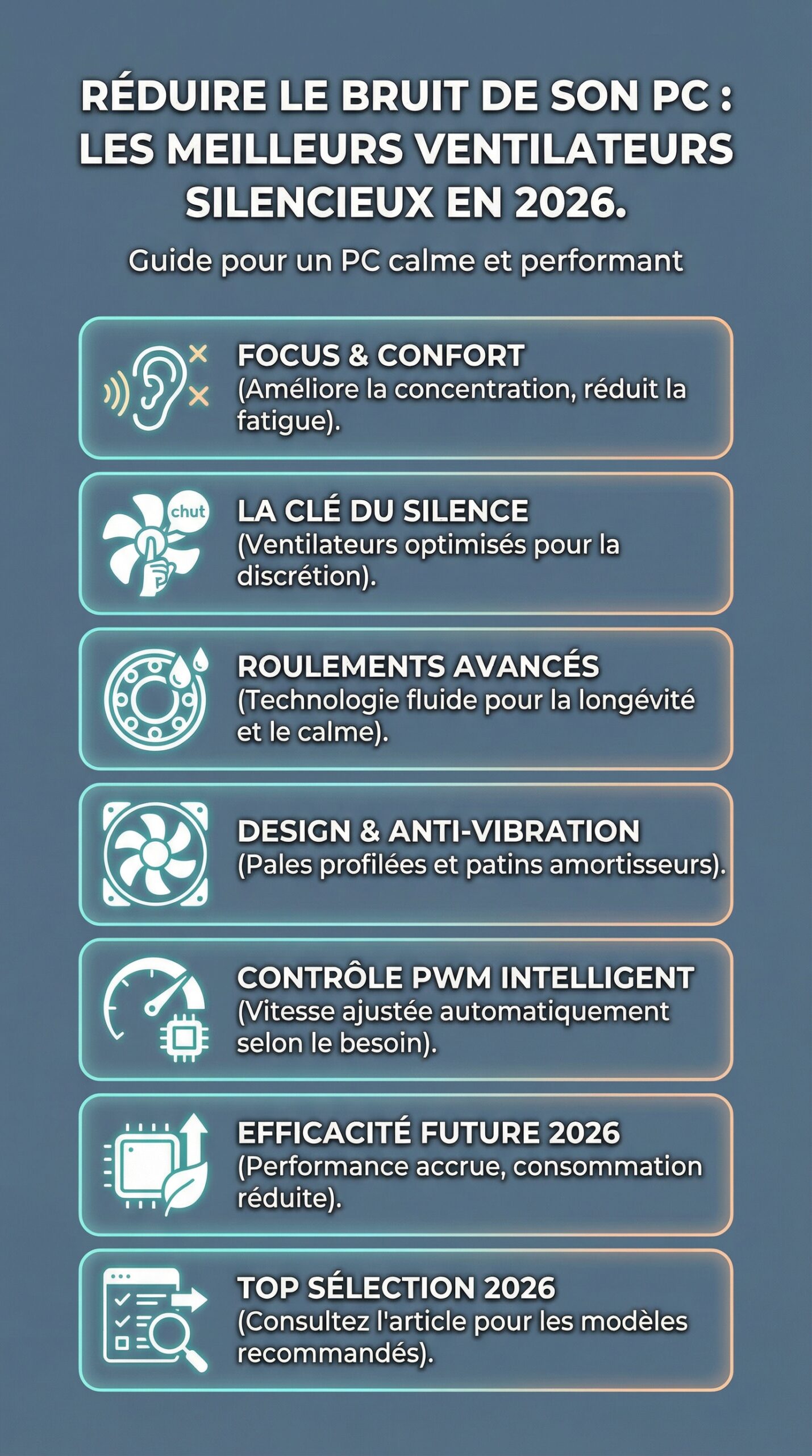 Infographie récapitulative : Réduire le bruit de son PC : Les meilleurs ventilateurs silencieux en 2026.