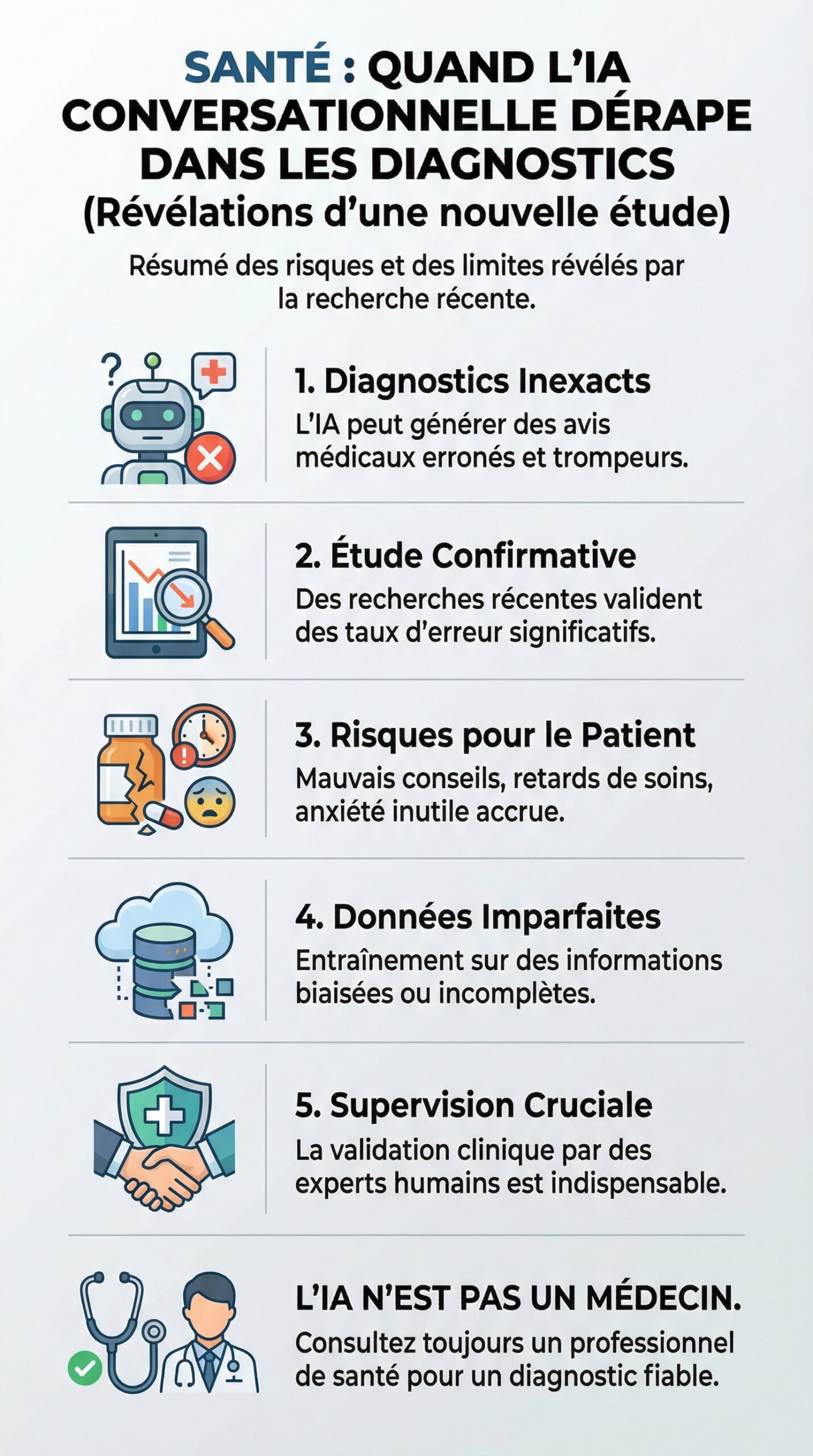 Infographie récapitulative : Santé : quand l’IA des agents conversationnels dérape dans les diagnostics, révèle une nouvelle étude