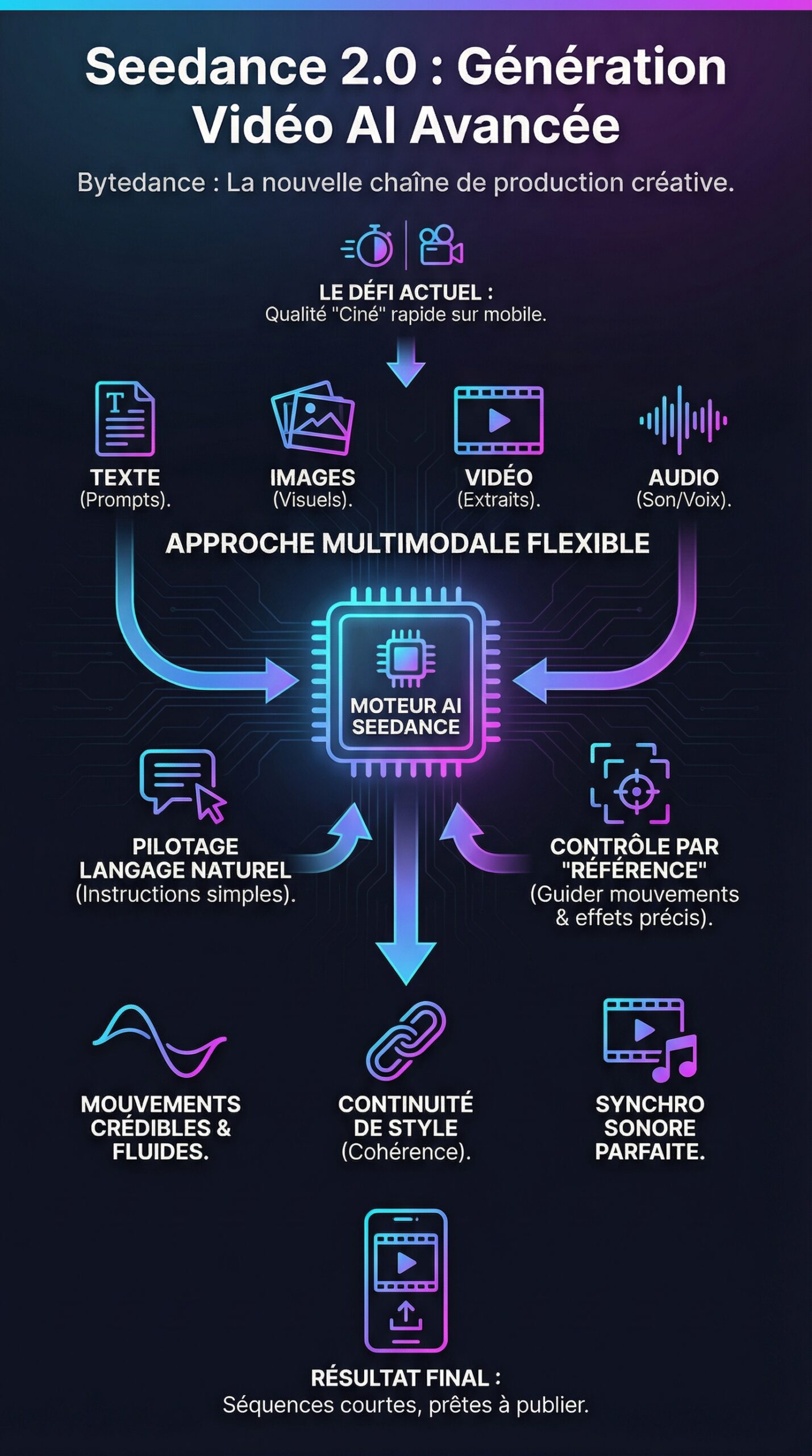 Infographie récapitulative : Seedance 2.0 – génération vidéo AI avancée par Bytedance