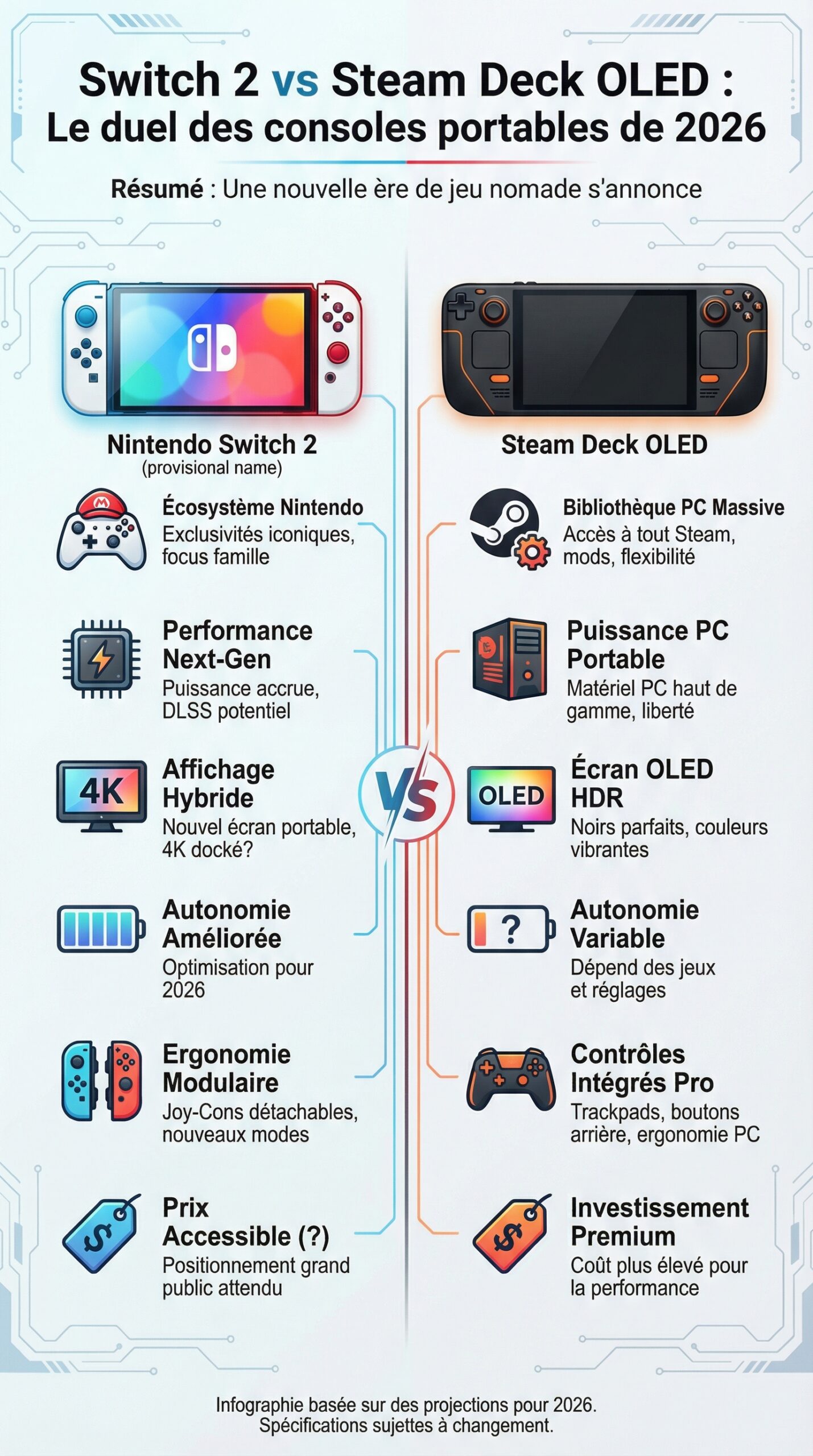 Infographie récapitulative : Switch 2 vs Steam Deck OLED : Le duel des consoles portables de 2026.