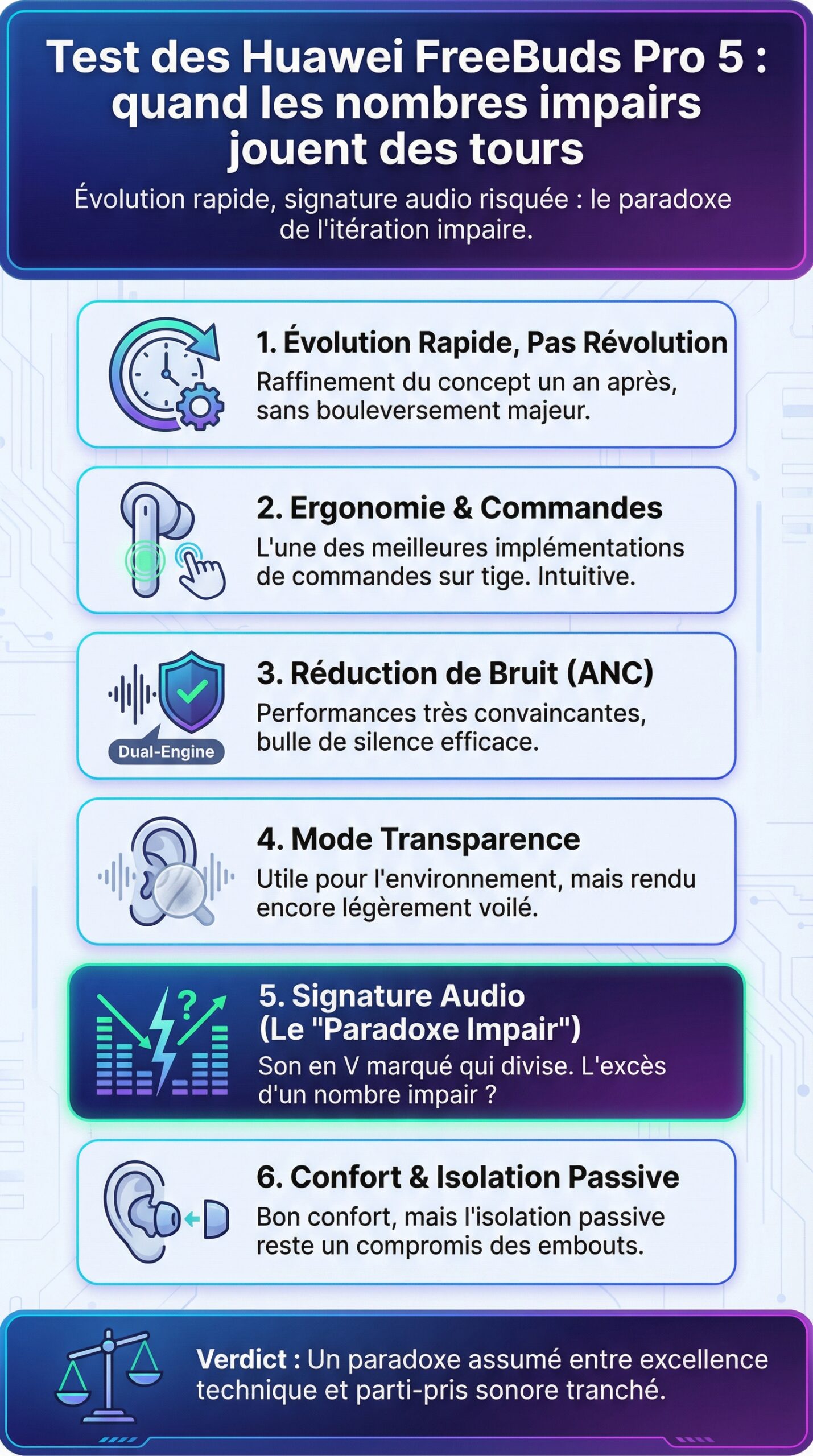 Infographie récapitulative : Test des Huawei FreeBuds Pro 5 : quand les nombres impairs jouent des tours