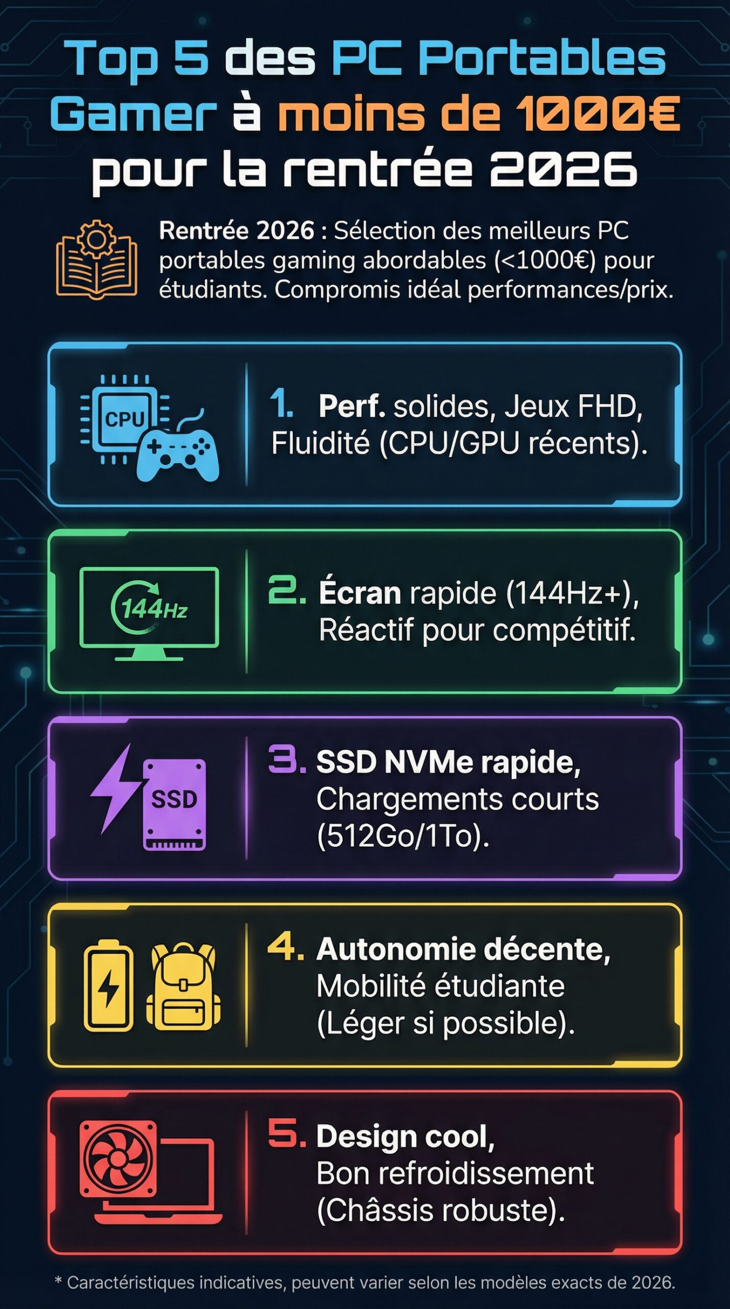 Infographie récapitulative : Top 5 des PC Portables Gamer à moins de 1000€ pour la rentrée 2026.