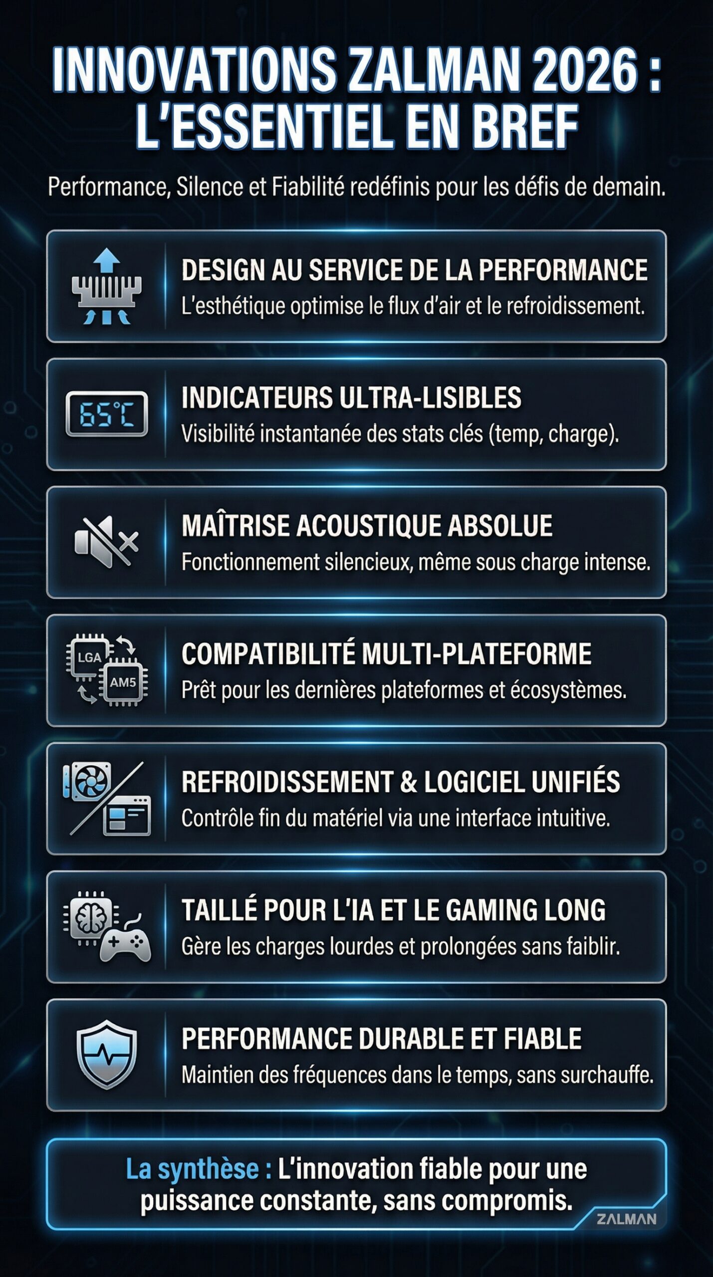 Infographie récapitulative : Tout savoir sur les innovations de Zalman en 2026