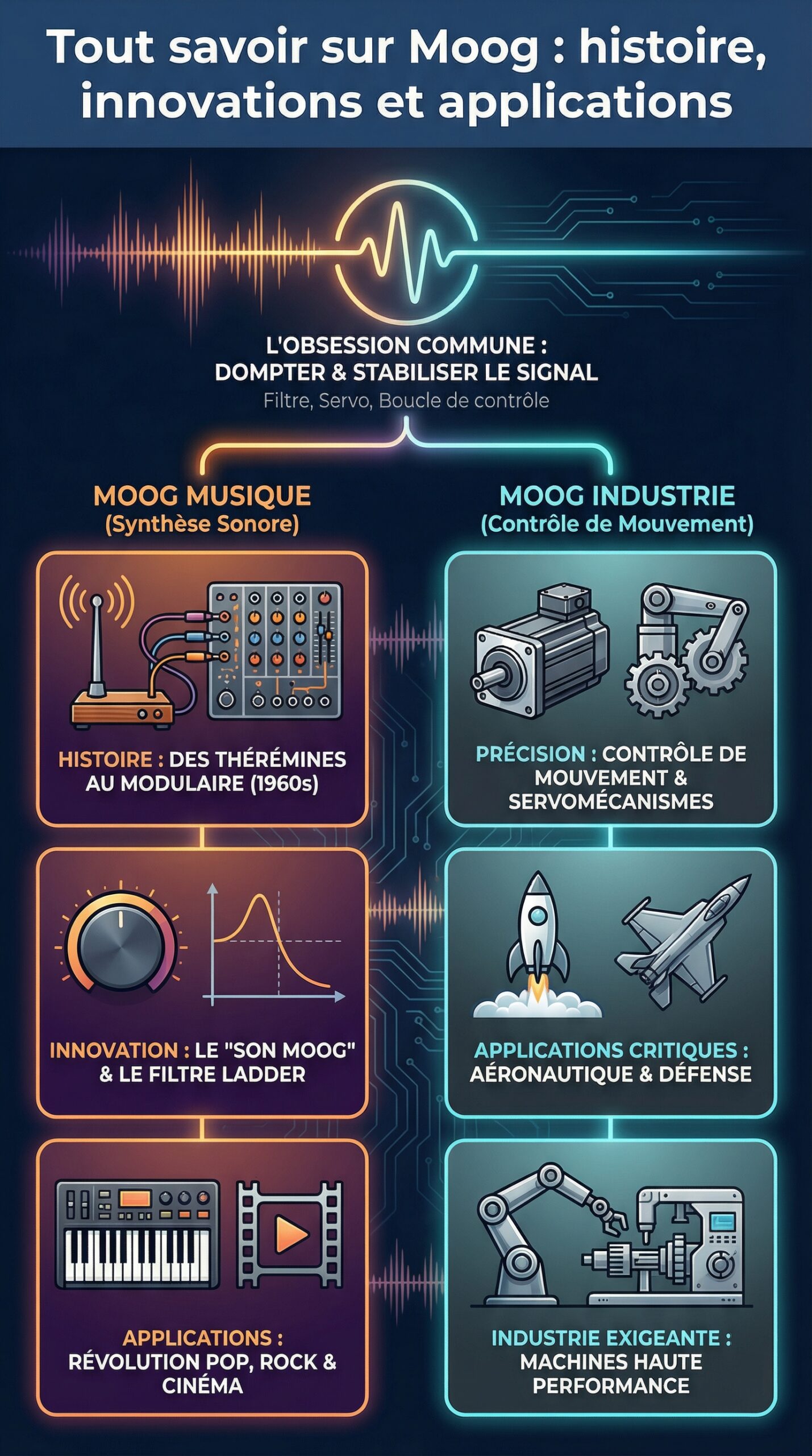 Infographie récapitulative : Tout savoir sur moog : histoire, innovations et applications