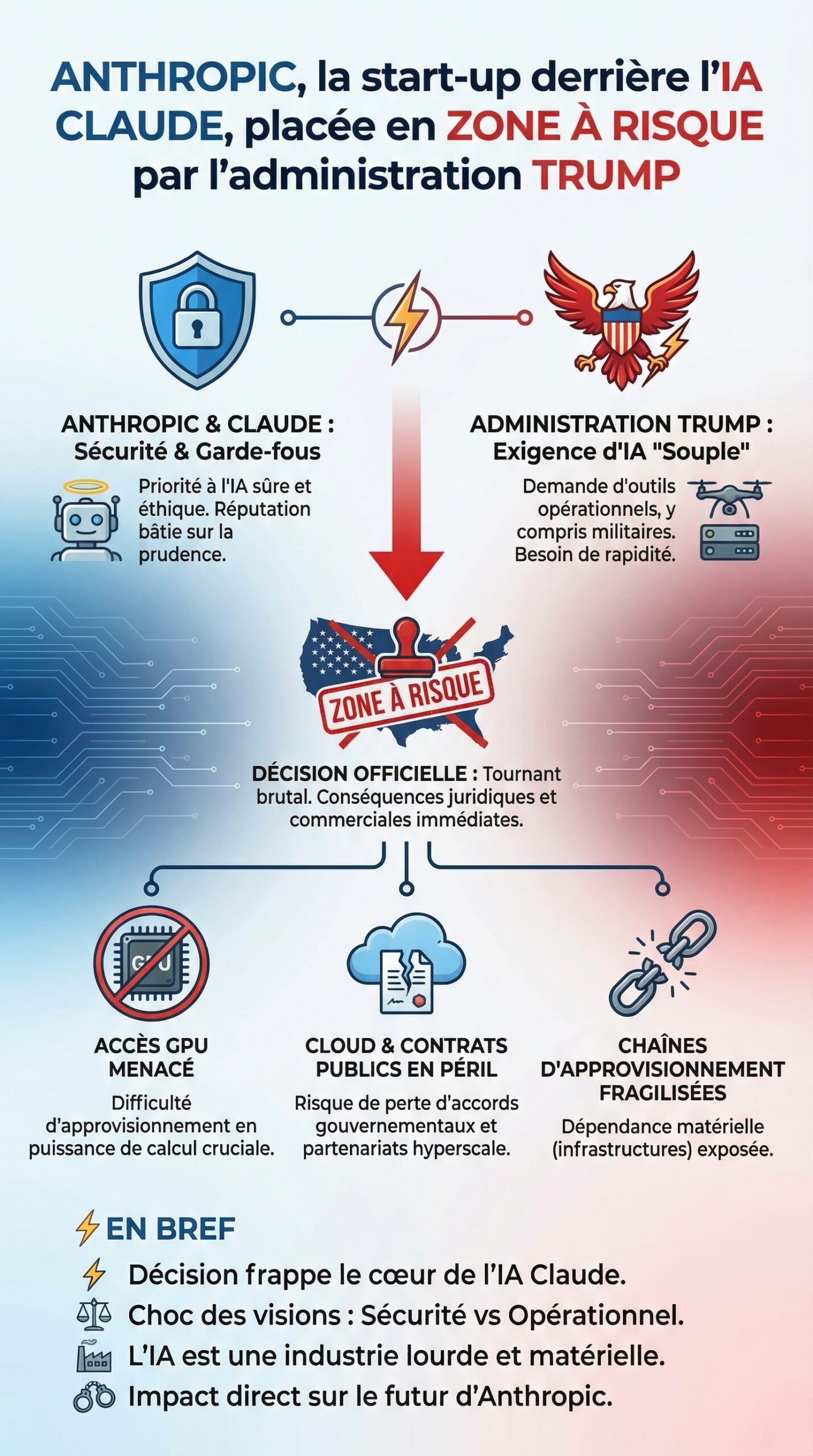 Infographie récapitulative : Anthropic, la start-up américaine derrière l&rsquo;IA Claude, placée officiellement en zone à risque par l&rsquo;administration Trump