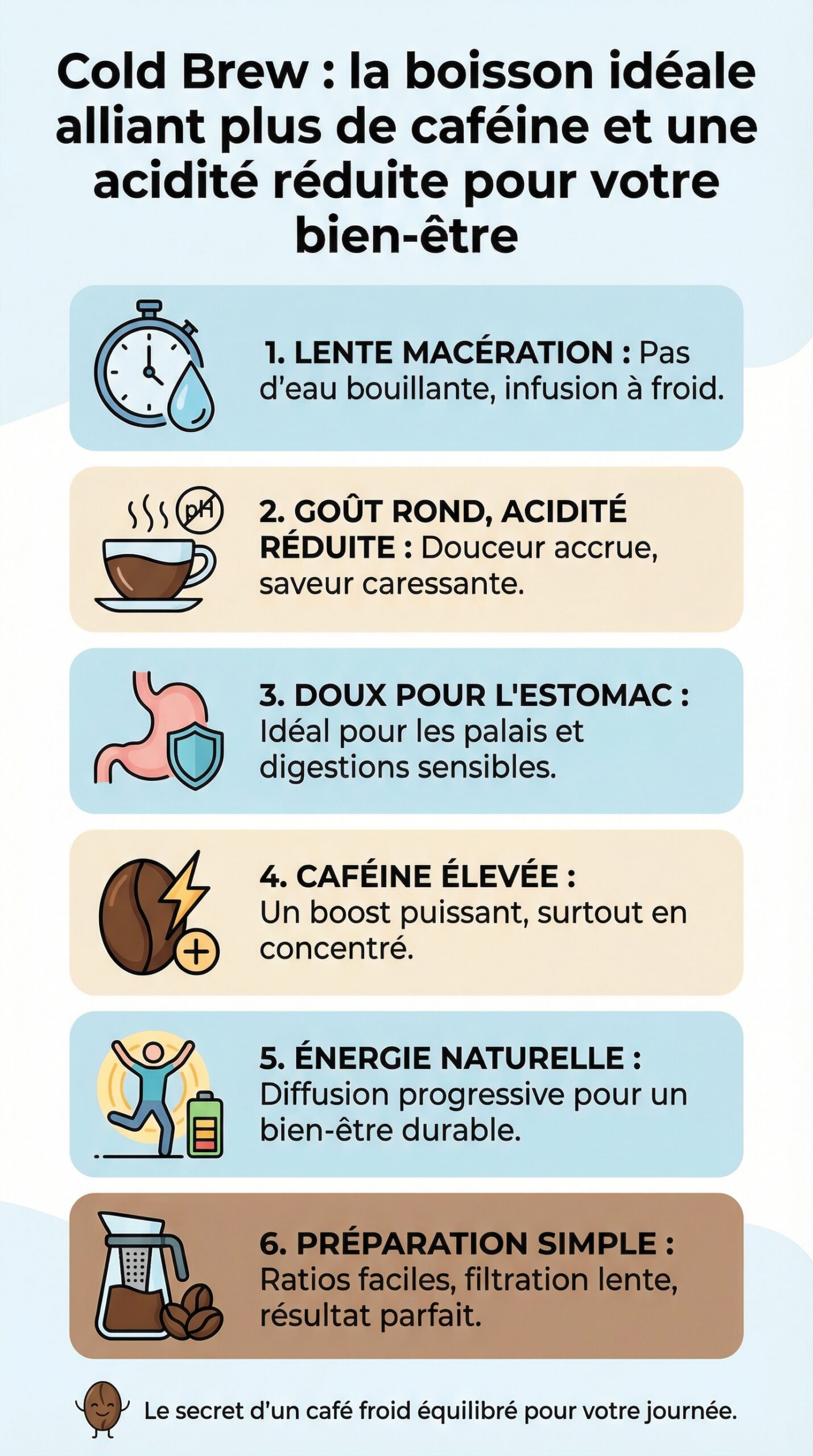 Infographie récapitulative : Cold Brew : la boisson idéale alliant plus de caféine et une acidité réduite pour votre bien-être