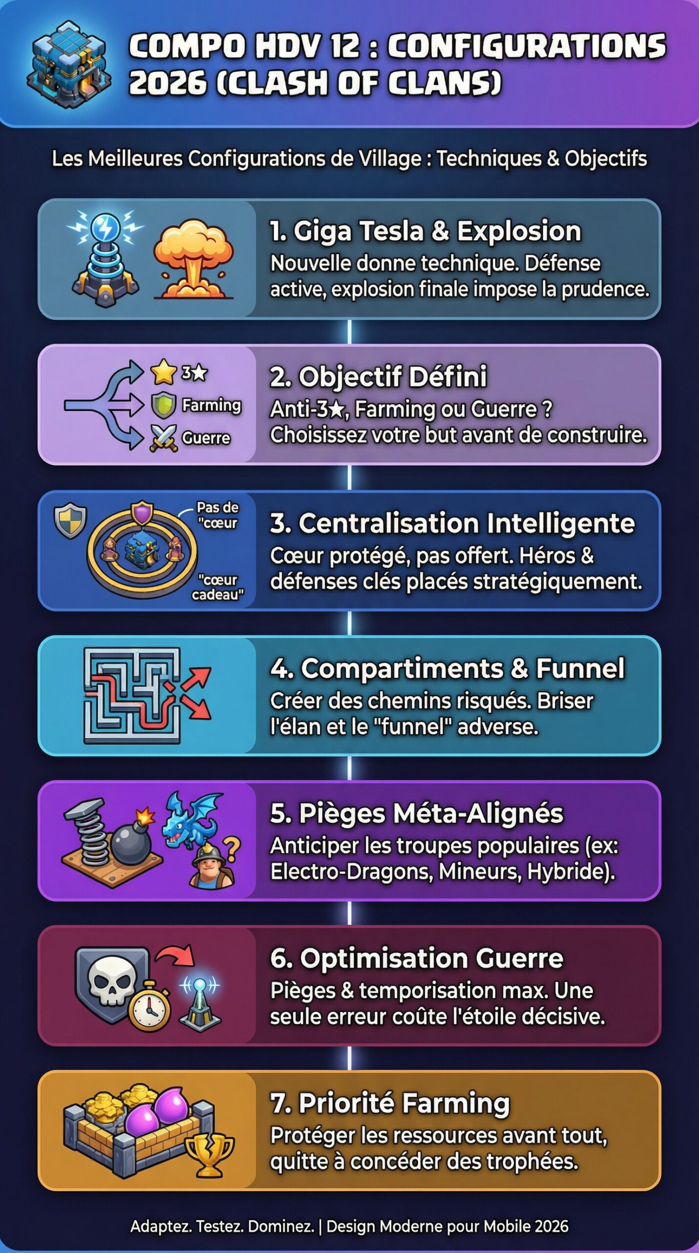 Infographie récapitulative : Compo HDV 12 Clash of Clans : Les Meilleures Configurations de Village en 2026