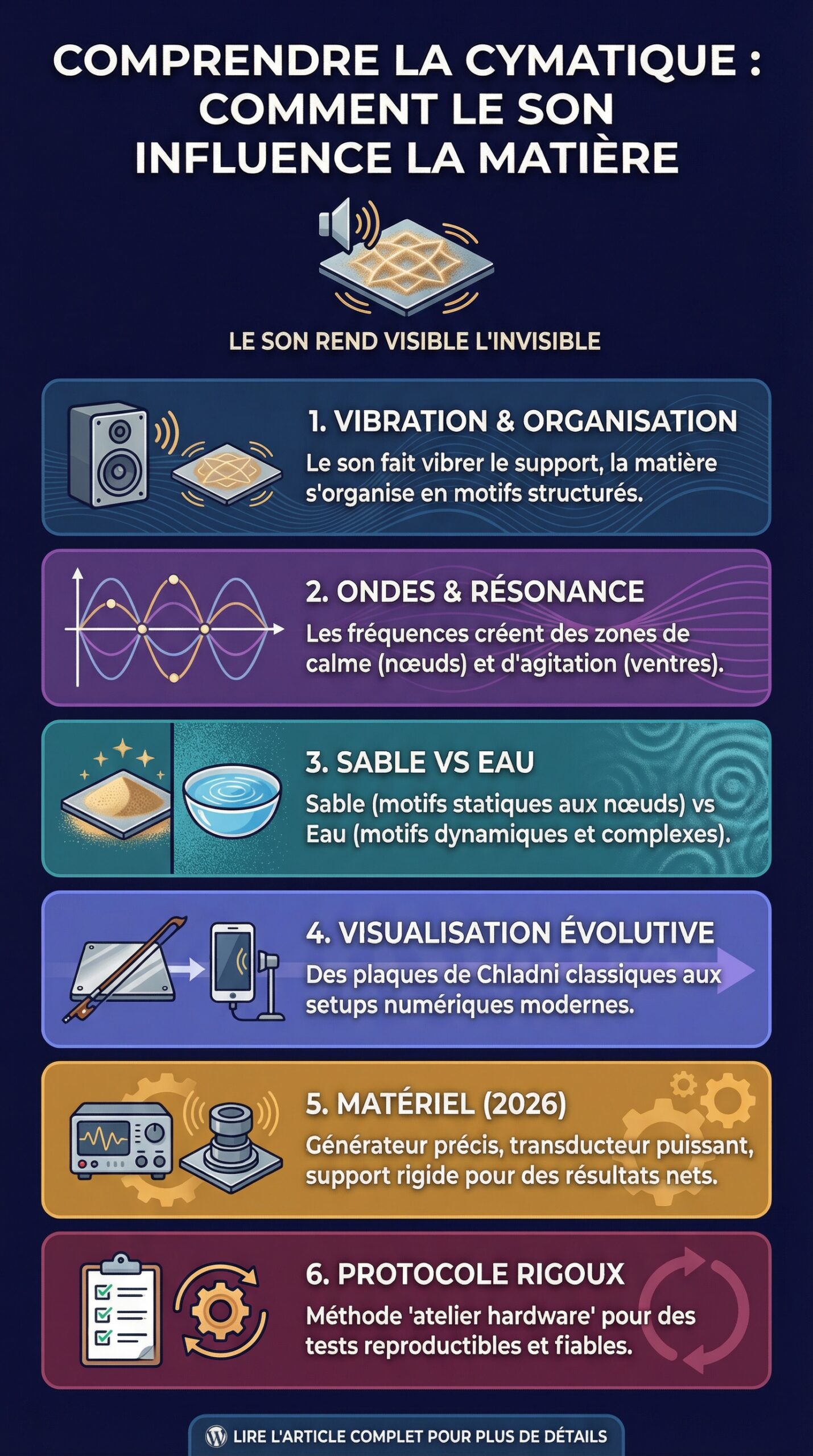 Infographie récapitulative : Comprendre la cymatique : comment le son influence la matière