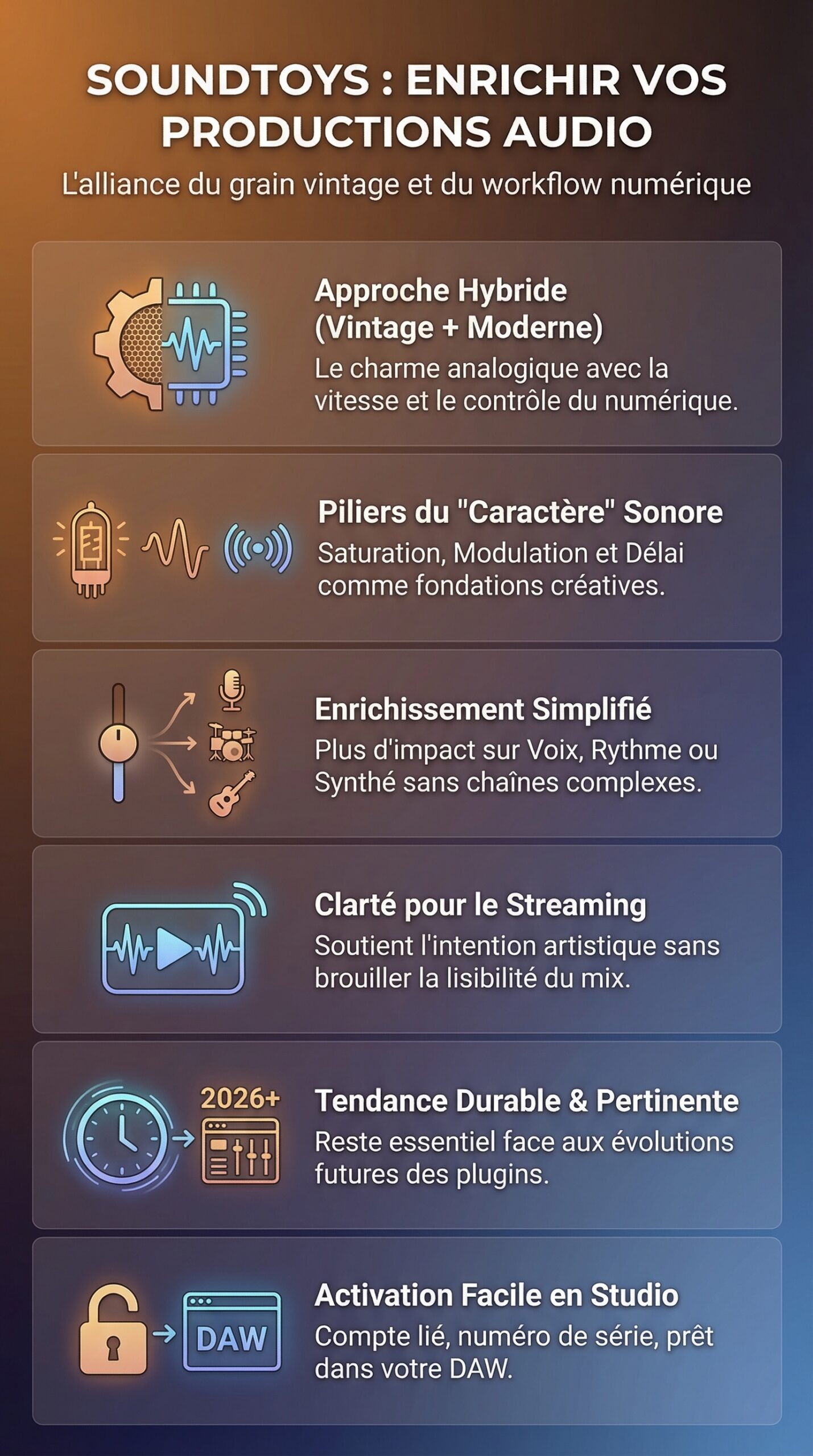 Infographie récapitulative : Découvrez comment utiliser soundtoys pour enrichir vos productions audio