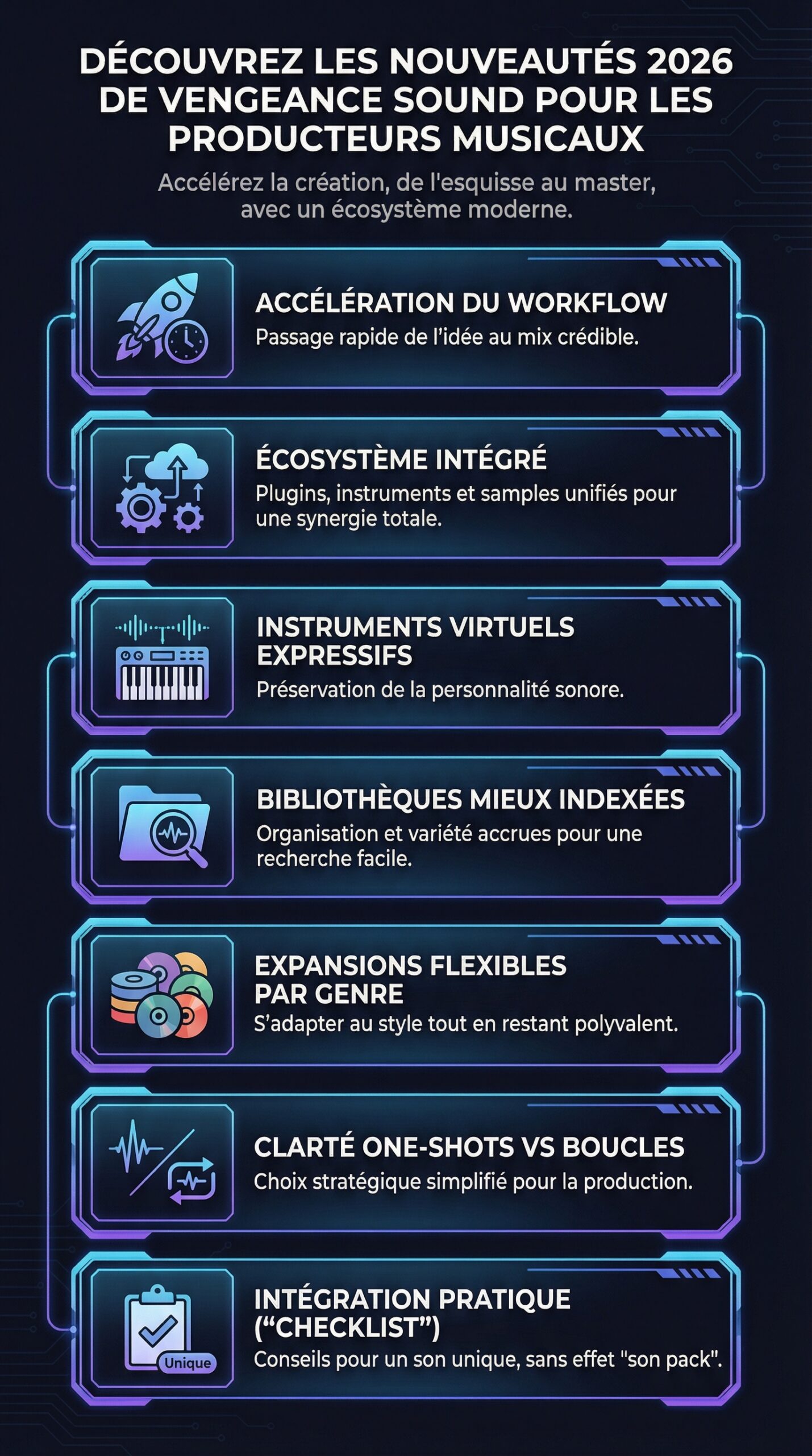 Infographie récapitulative : Découvrez les nouveautés 2026 de Vengeance Sound pour les producteurs musicaux