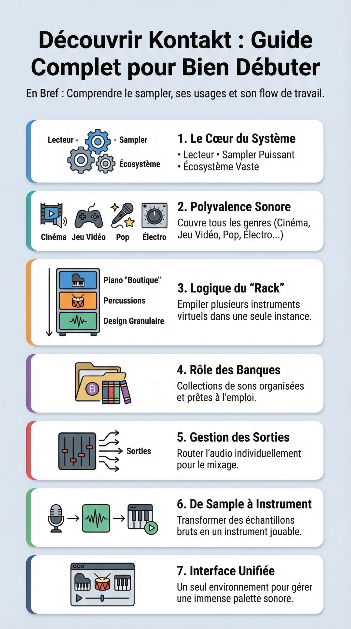 Infographie récapitulative : Découvrir kontakt : guide complet pour bien débuter avec le sampler