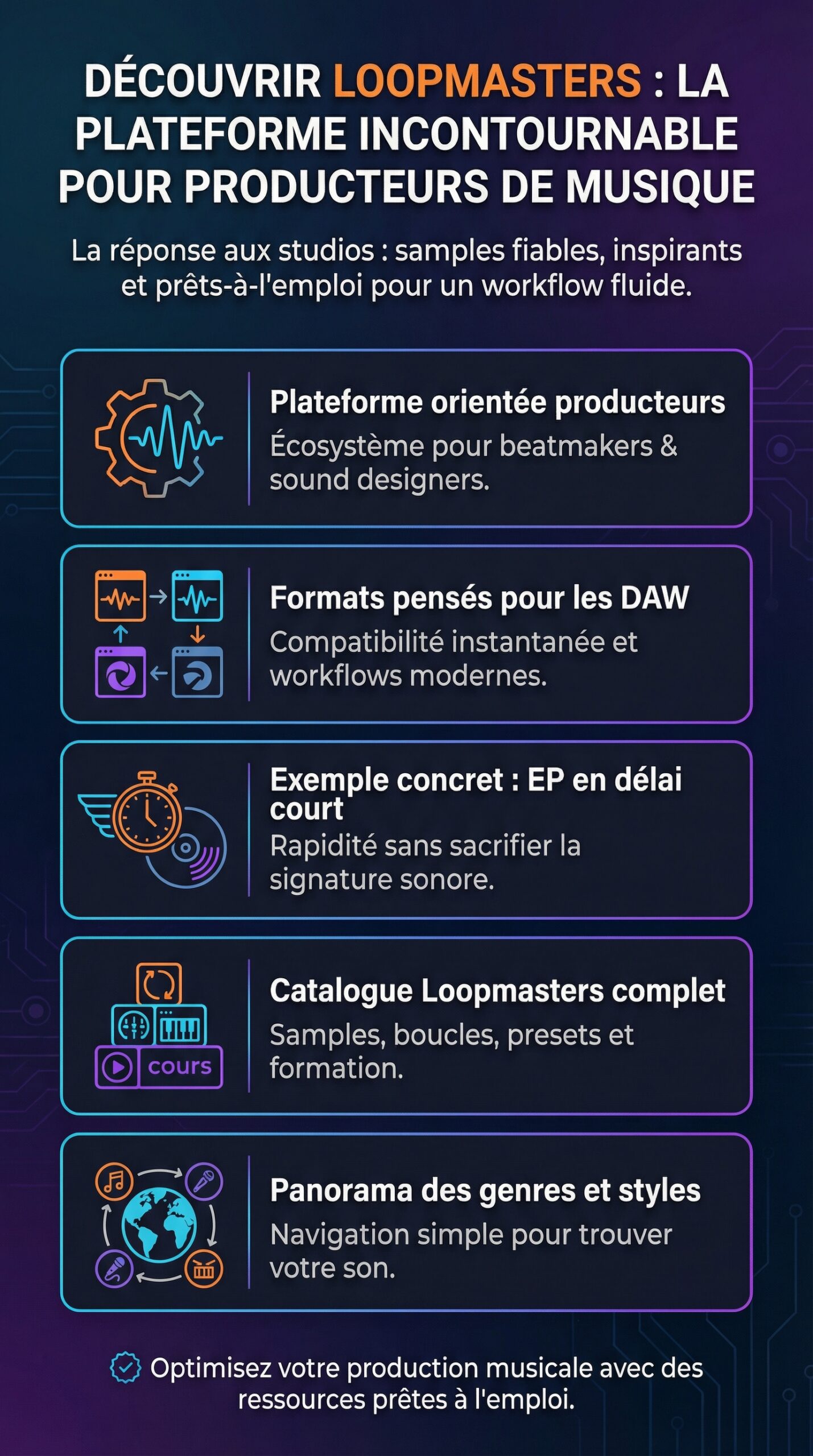 Infographie récapitulative : Découvrir loopmasters : la plateforme incontournable pour producteurs de musique