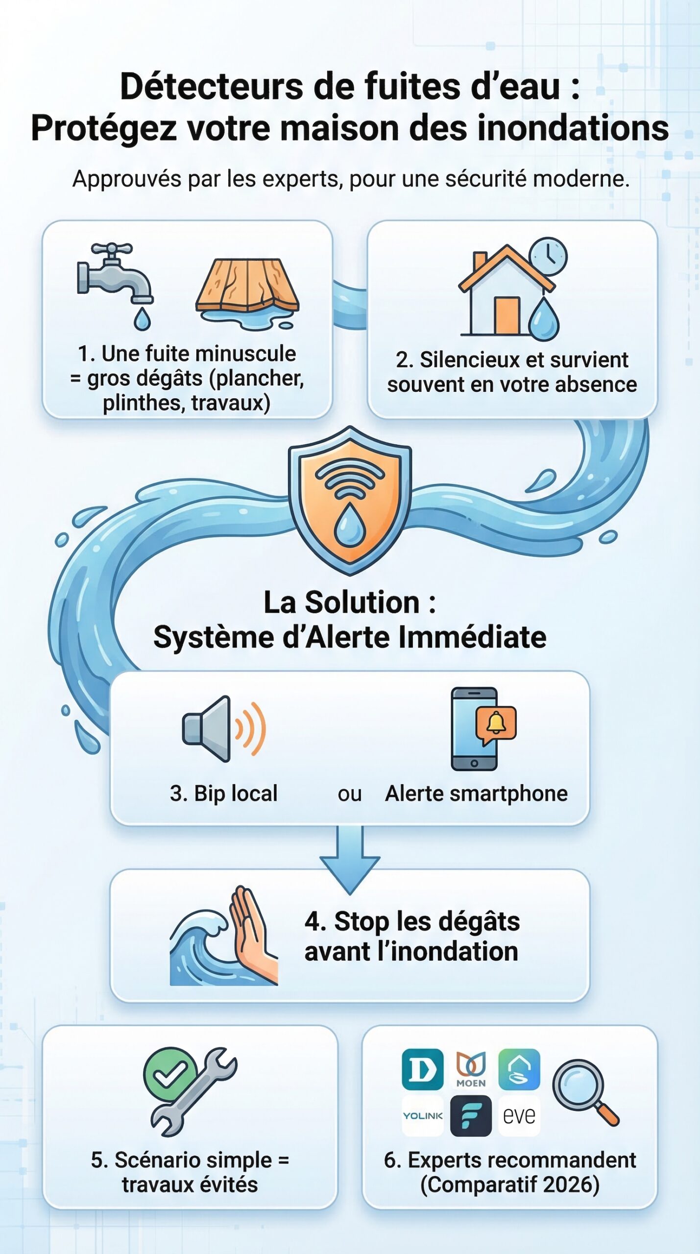 Infographie récapitulative : Détecteurs de fuites d’eau approuvés par les experts pour protéger votre maison des inondations