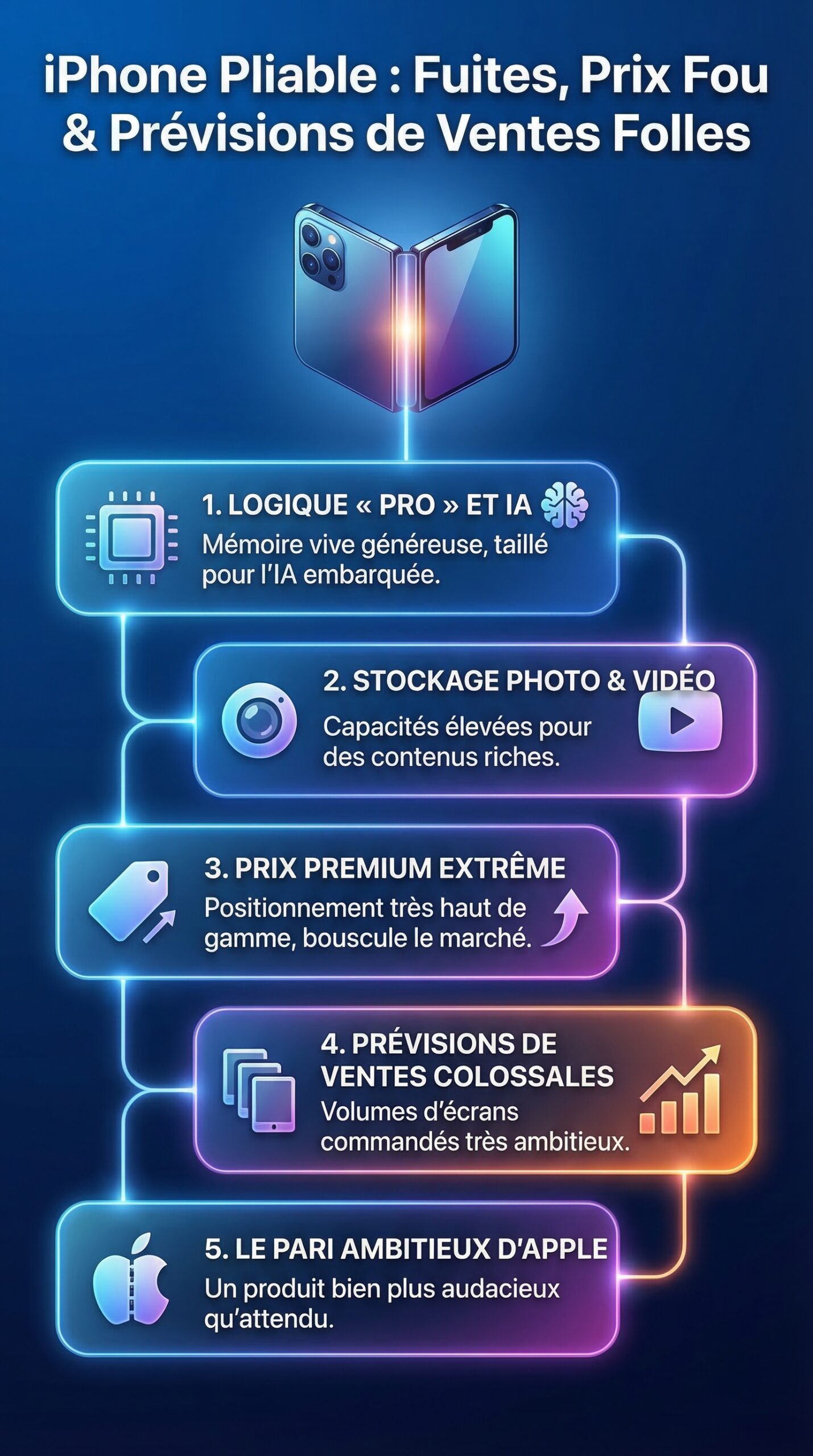 Infographie récapitulative : Fuite des caractéristiques et du prix de l&rsquo;iPhone pliable — des prévisions de ventes totalement folles