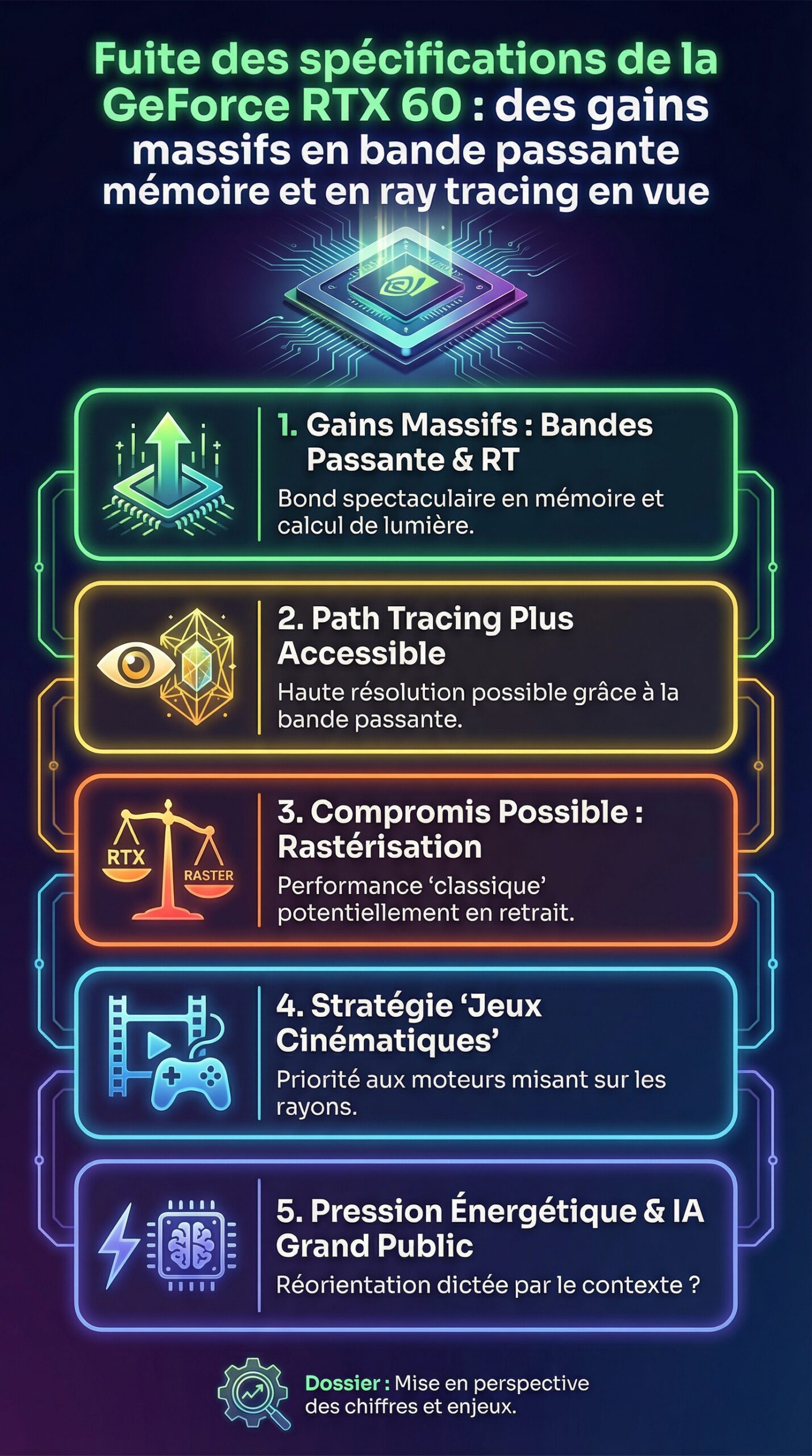 Infographie récapitulative : Fuite des spécifications de la GeForce RTX 60 : des gains massifs en bande passante mémoire et en ray tracing en vue