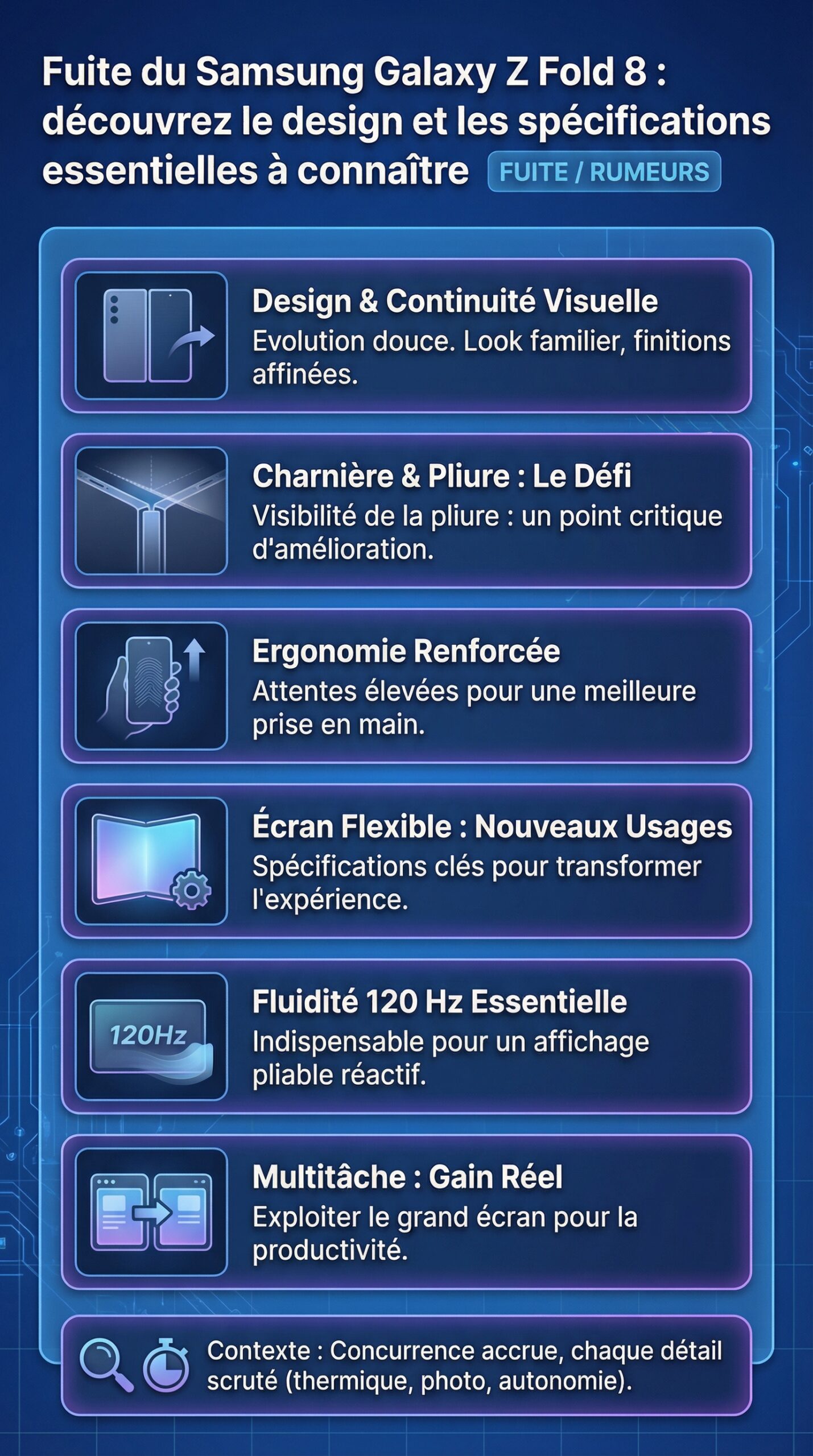 Infographie récapitulative : Fuite du Samsung Galaxy Z Fold 8 : découvrez le design et les spécifications essentielles à connaître