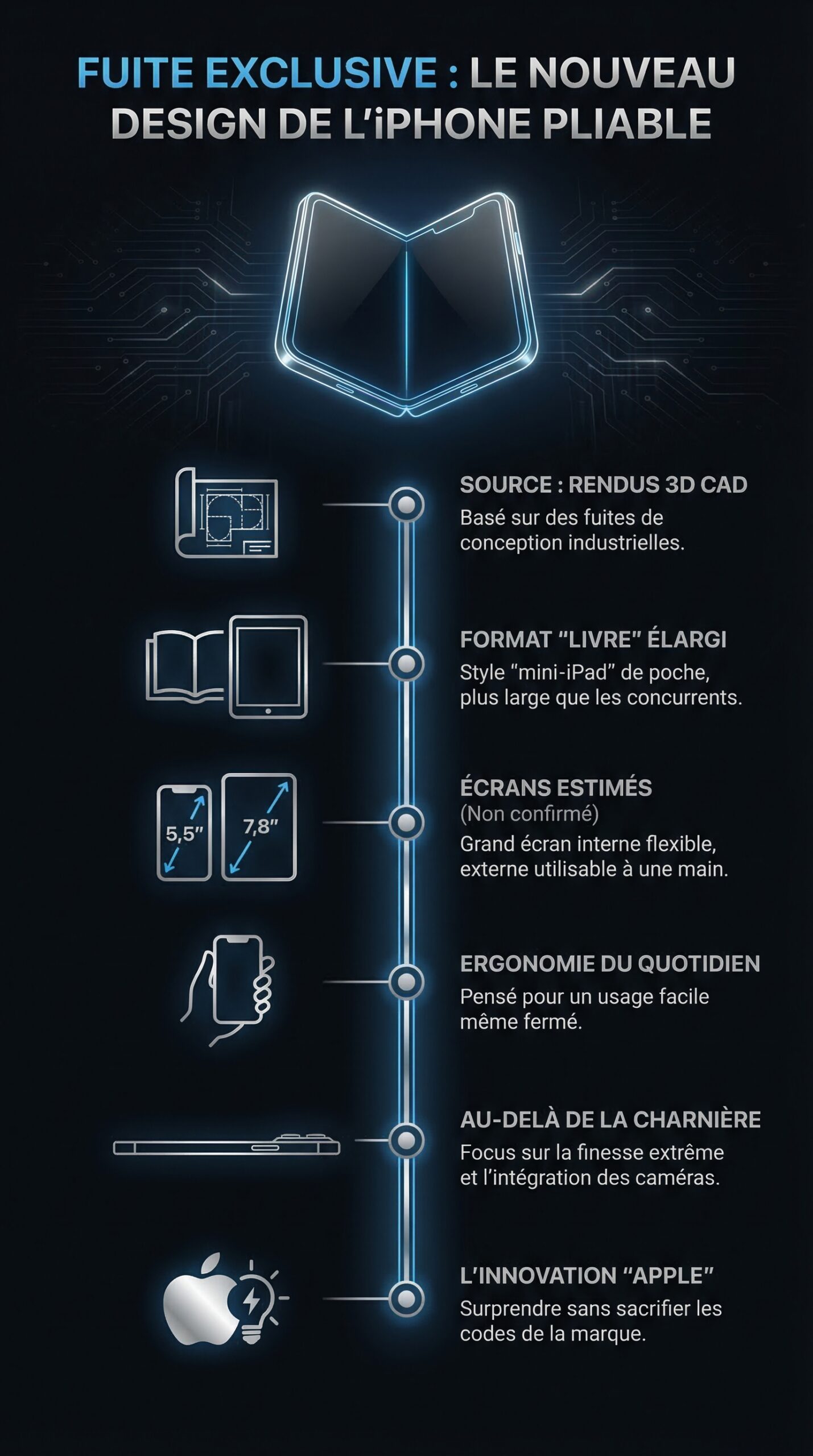 Infographie récapitulative : Fuite exclusive : découvrez dès maintenant le nouveau design pliable de l&rsquo;iPhone