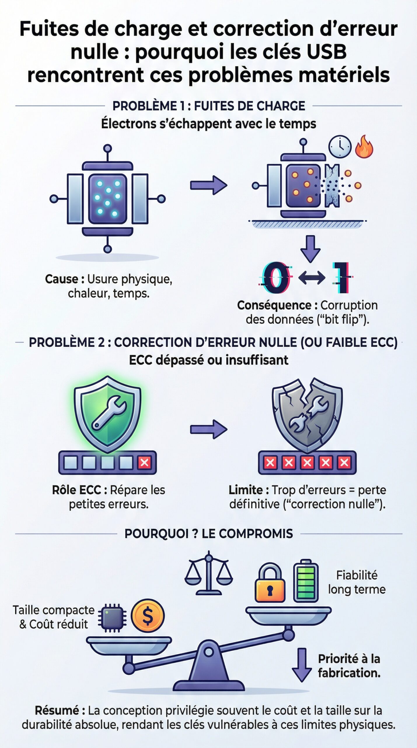 Infographie récapitulative : Fuites de charge et correction d&rsquo;erreur nulle : pourquoi les clés USB rencontrent ces problèmes matériels