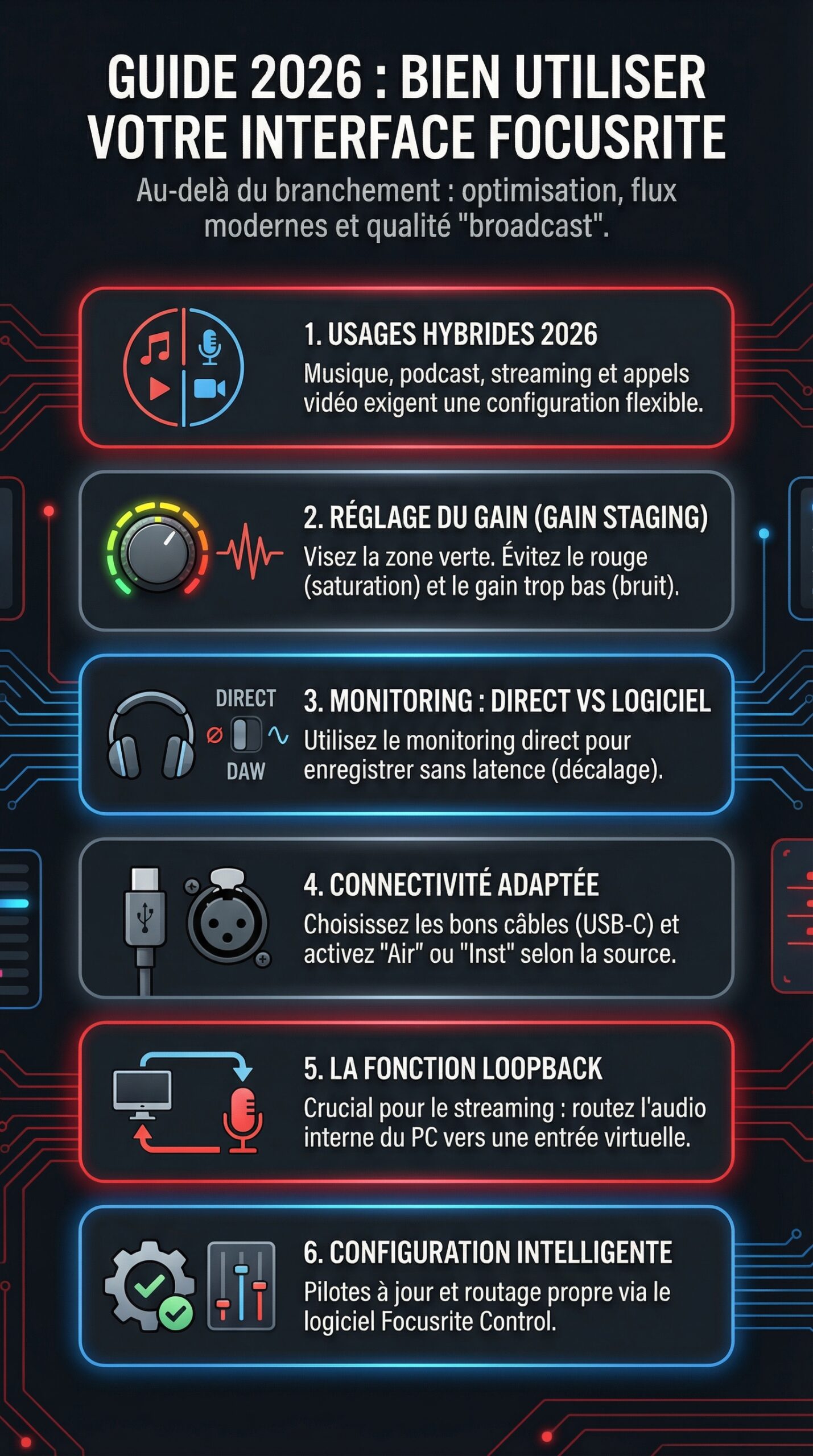 Infographie récapitulative : Guide complet pour bien utiliser les interfaces audio Focusrite en 2026