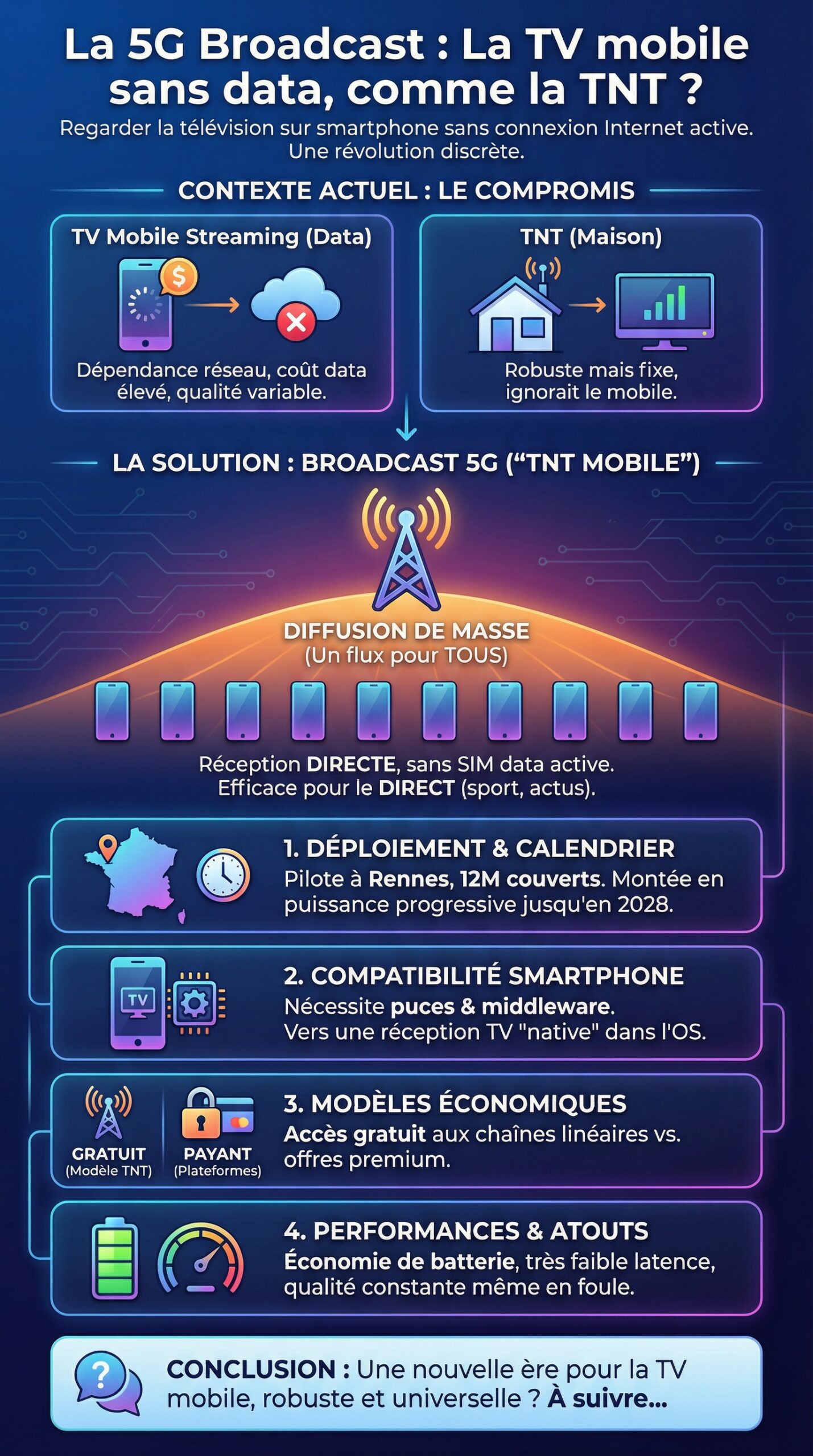Infographie récapitulative : La 5G : bientôt regarder la télévision sur smartphone sans connexion Internet, comme avec la TNT ?
