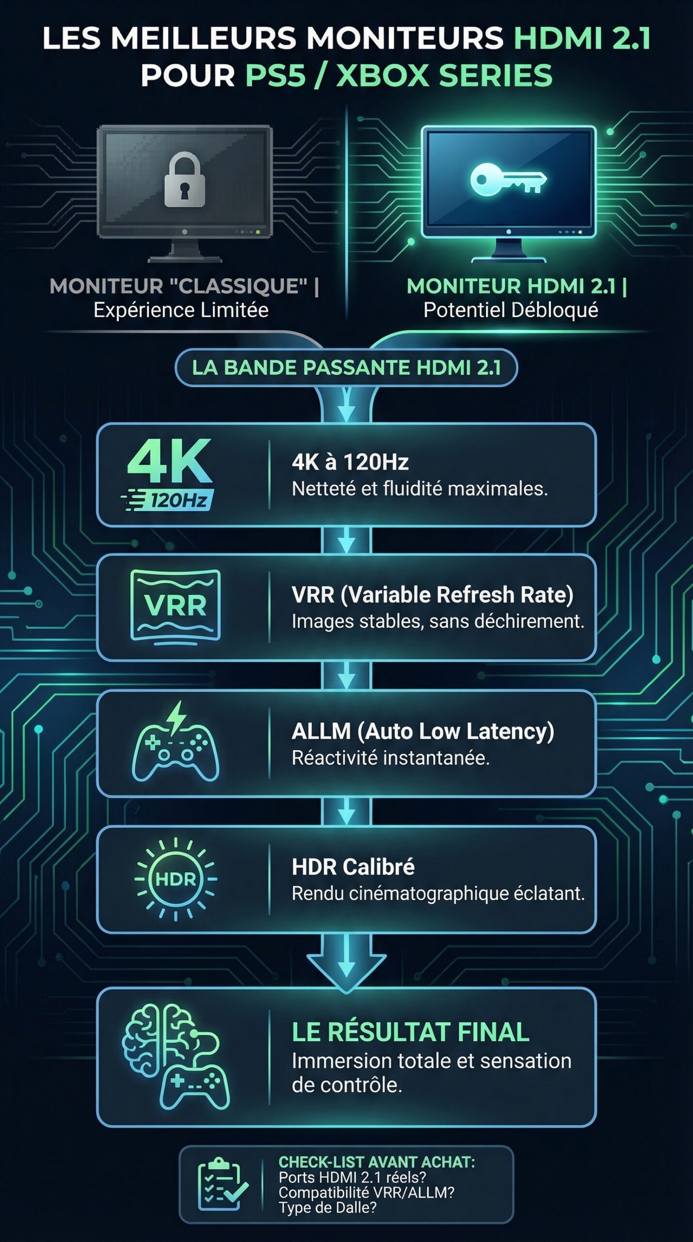 Infographie récapitulative : Les meilleurs moniteurs HDMI 2.1 pour tirer profit de votre PS5/Xbox Series.
