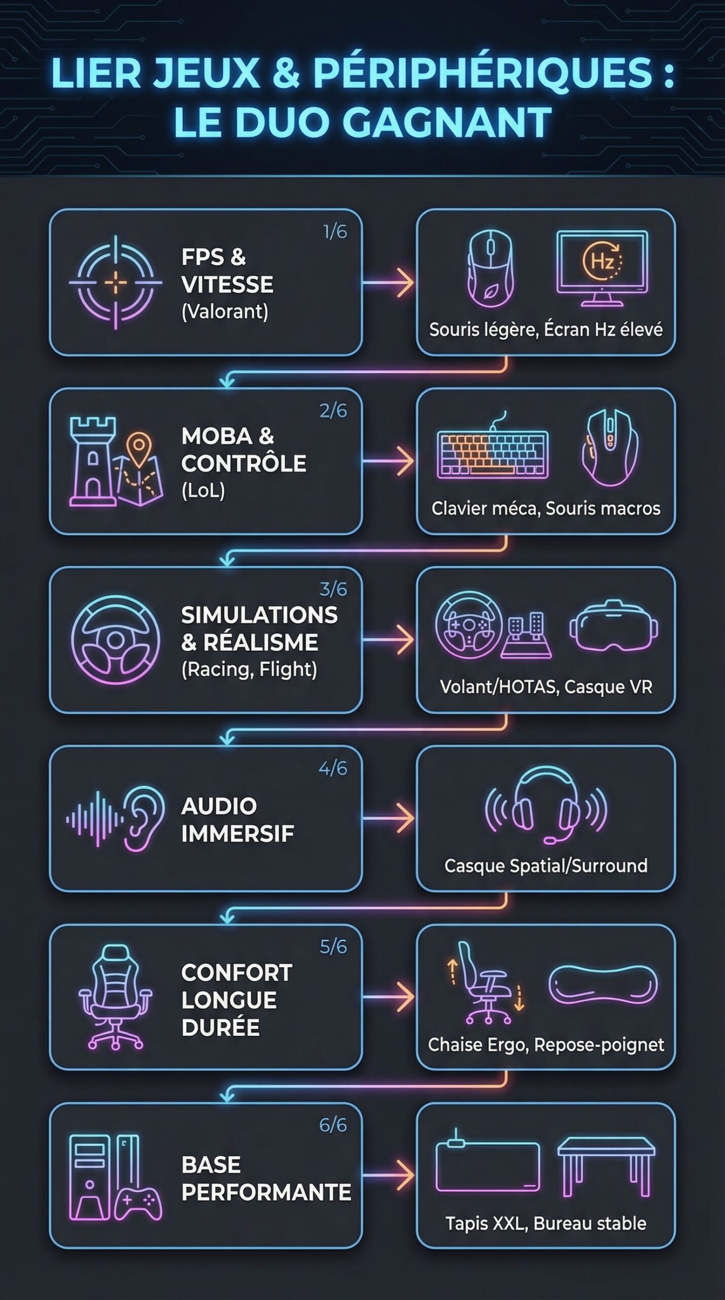 Infographie récapitulative : Lier les jeux comme Valorant, LoL, ou les simulations aux périphériques vendus.