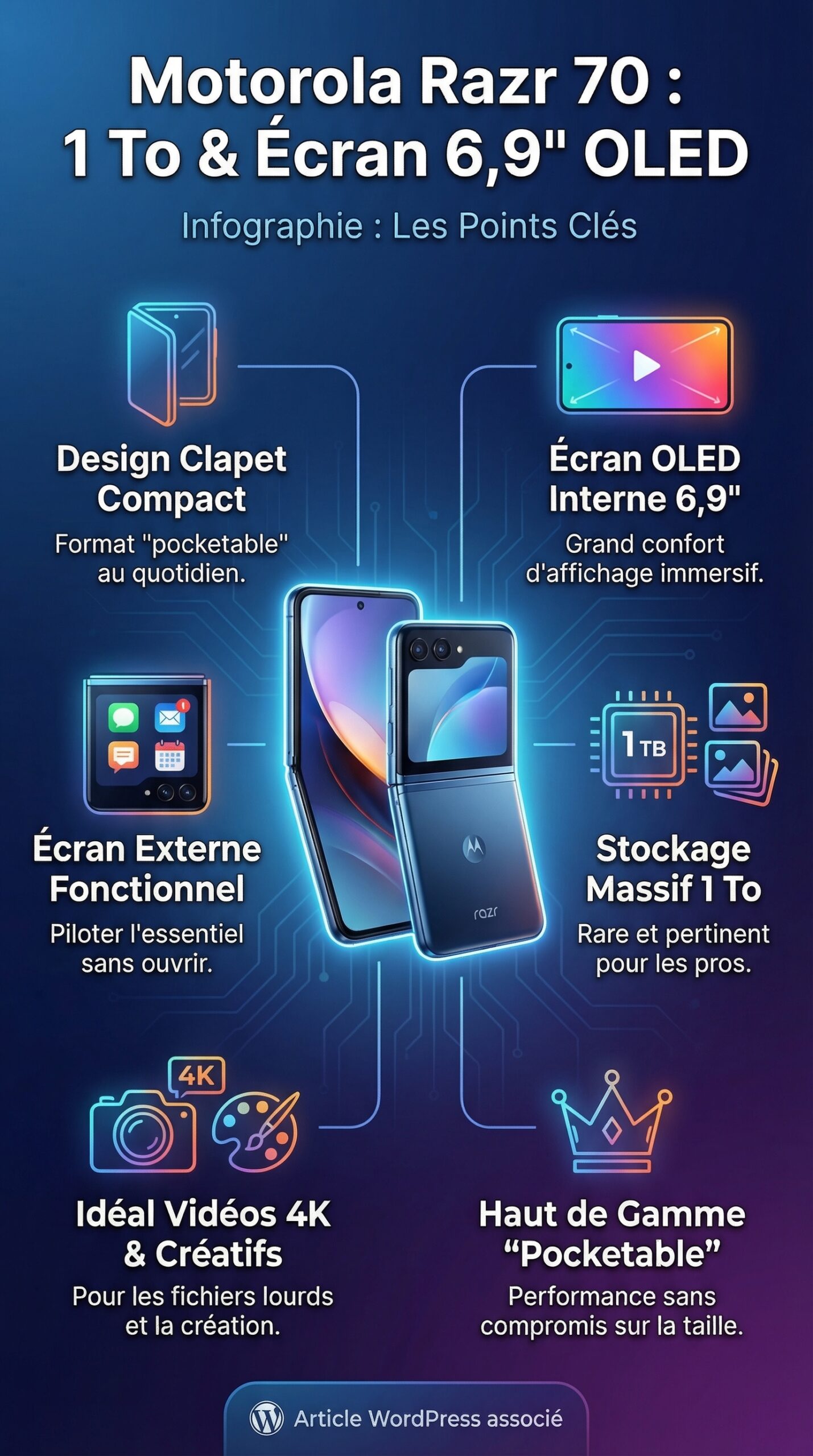 Infographie récapitulative : Motorola Razr 70 : 1 To de stockage et un écran OLED de 6,9 pouces au rendez-vous
