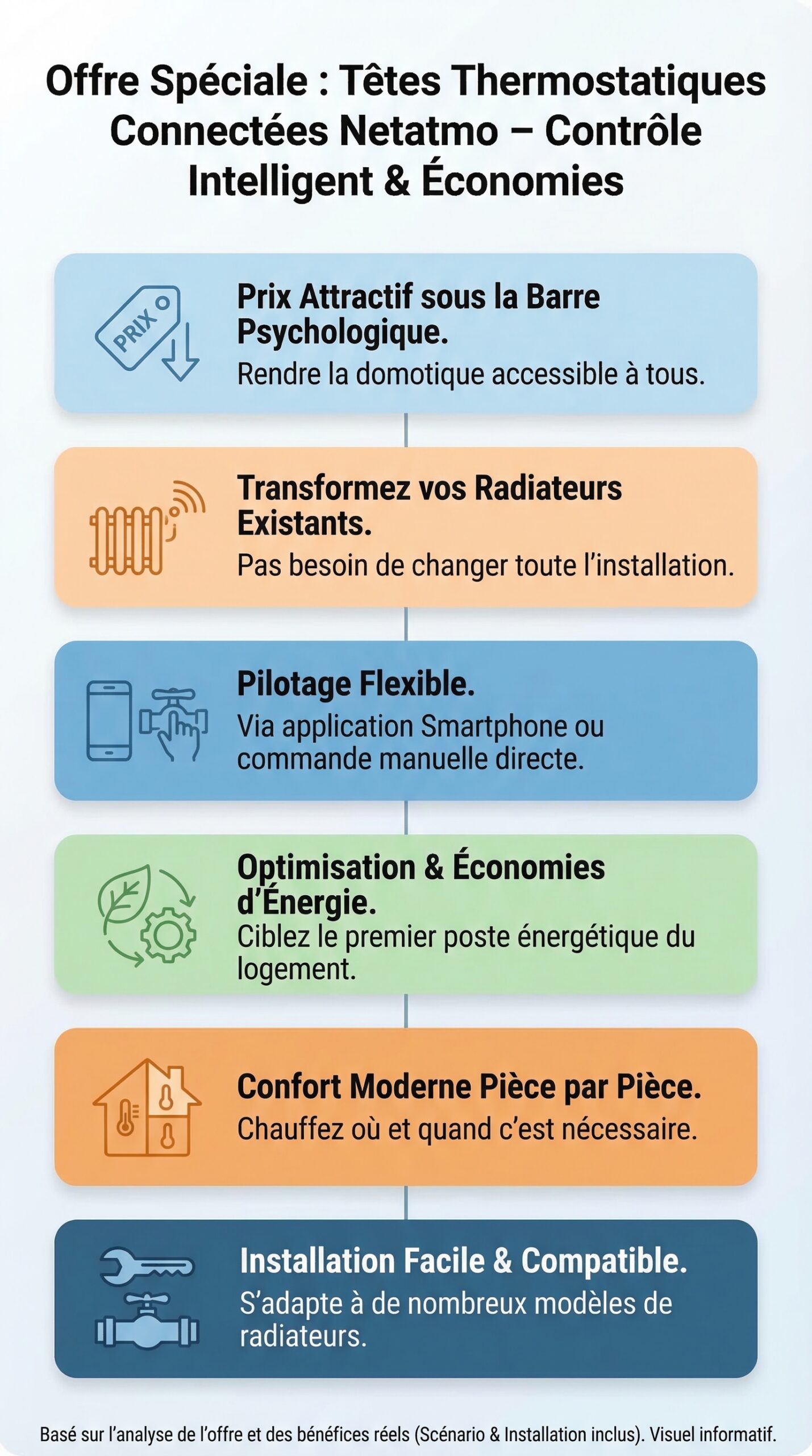 Infographie récapitulative : Offre spéciale : Têtes thermostatiques connectées Netatmo pour radiateurs – Contrôle intelligent et optimisation de votre chauffage