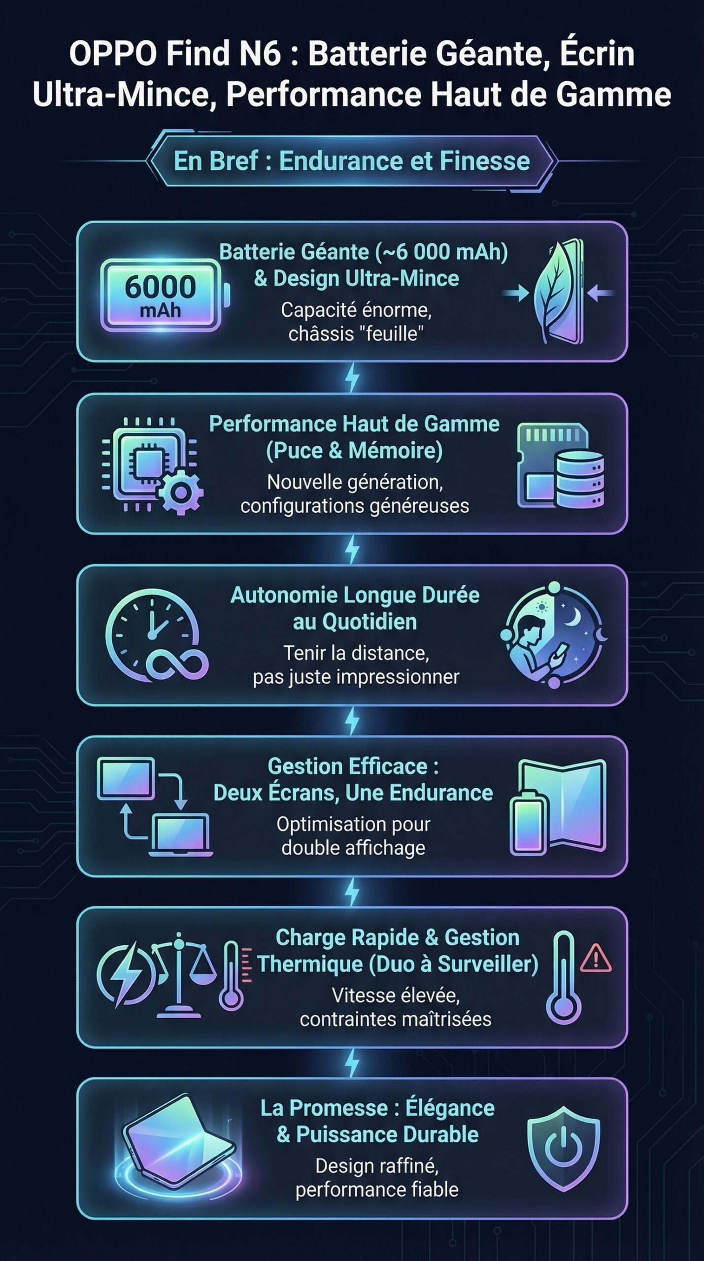 Infographie récapitulative : OPPO Find N6 : Une Batterie Géante dans un Écrin Ultra-Mince, Performance Haut de Gamme Révélée