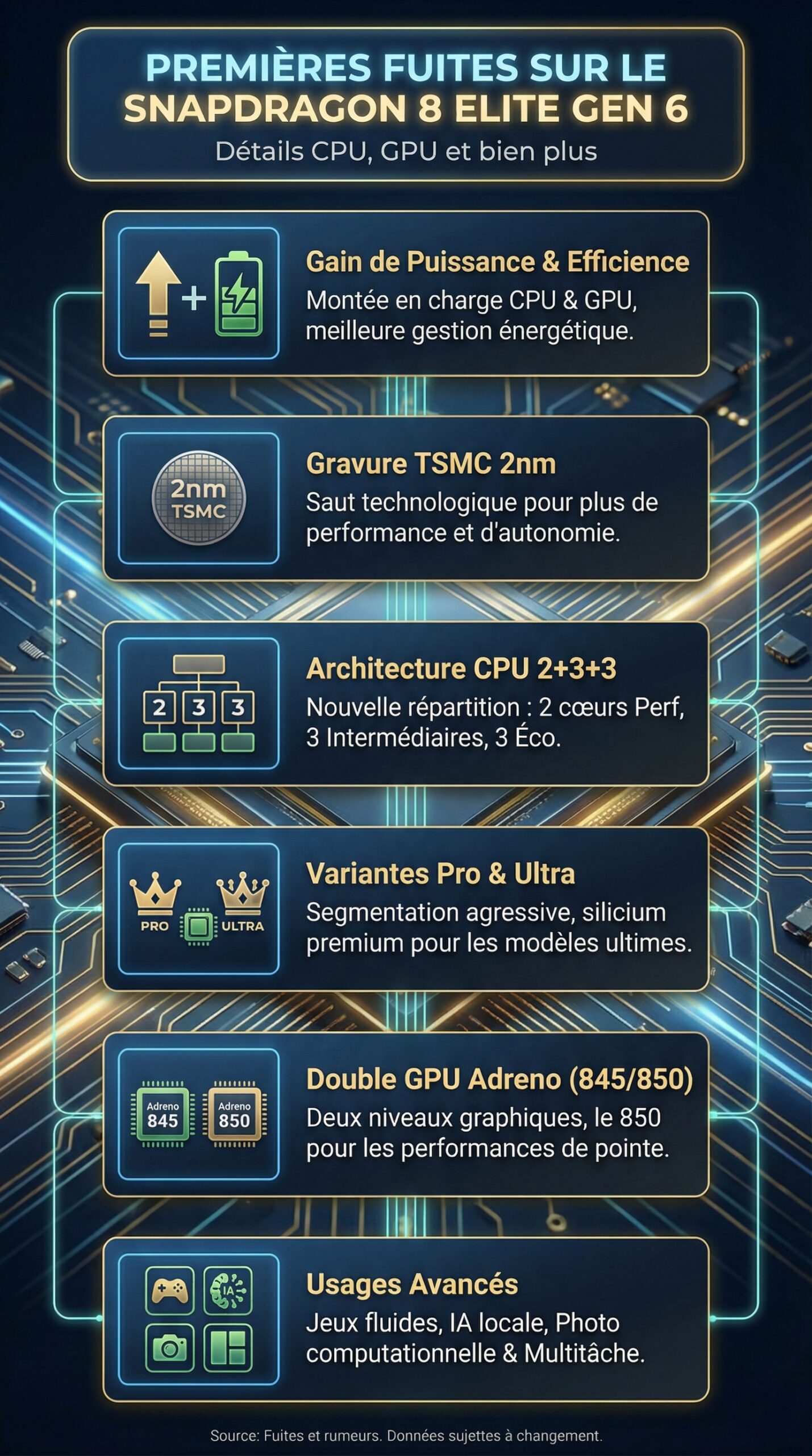 Infographie récapitulative : Premières fuites sur le Snapdragon 8 Elite Gen 6 : détails sur le CPU, le GPU et bien plus encore