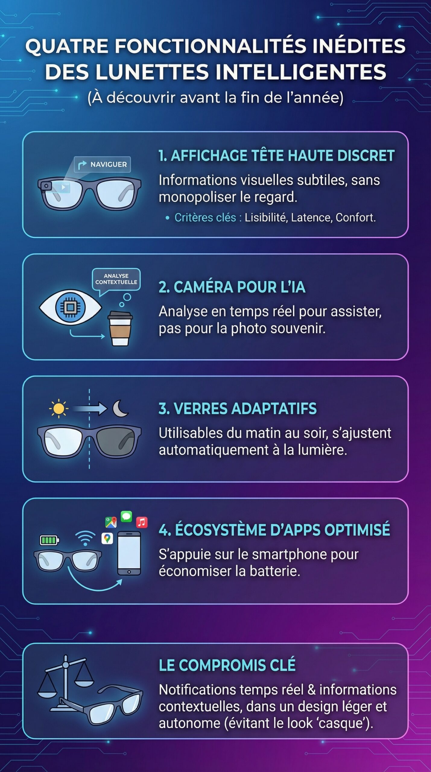 Infographie récapitulative : Quatre fonctionnalités inédites des lunettes intelligentes à découvrir avant la fin de l’année