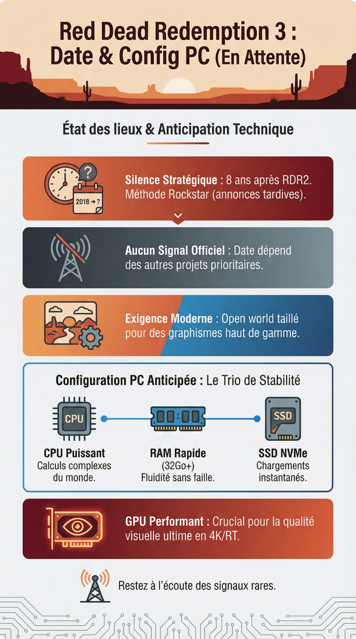Infographie récapitulative : Red Dead Redemption 3 : Date de Sortie Officielle et Configuration PC Recommandée