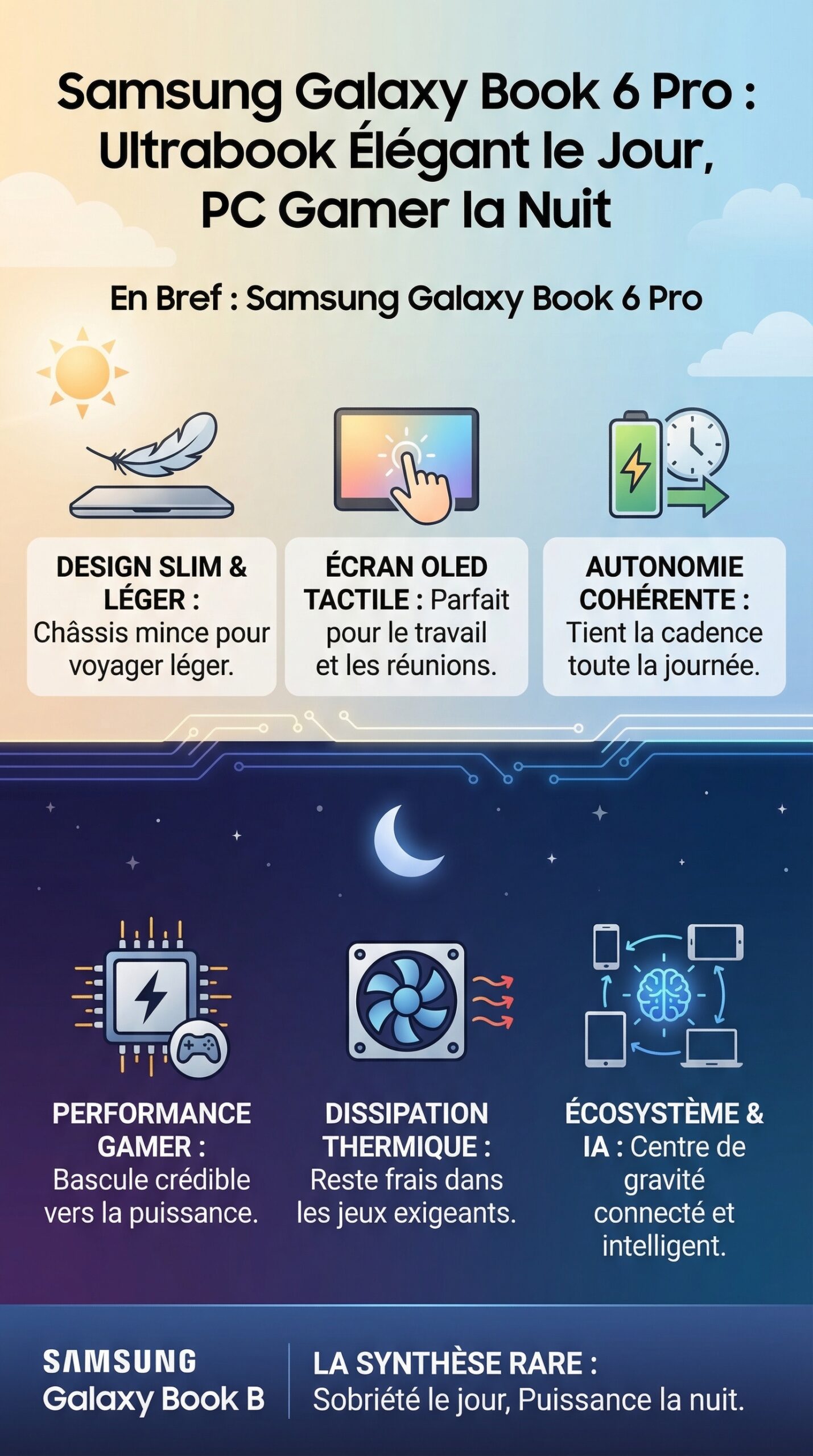 Infographie récapitulative : Samsung Galaxy Book 6 Pro : un ultrabook élégant by day, un PC gamer performant by night