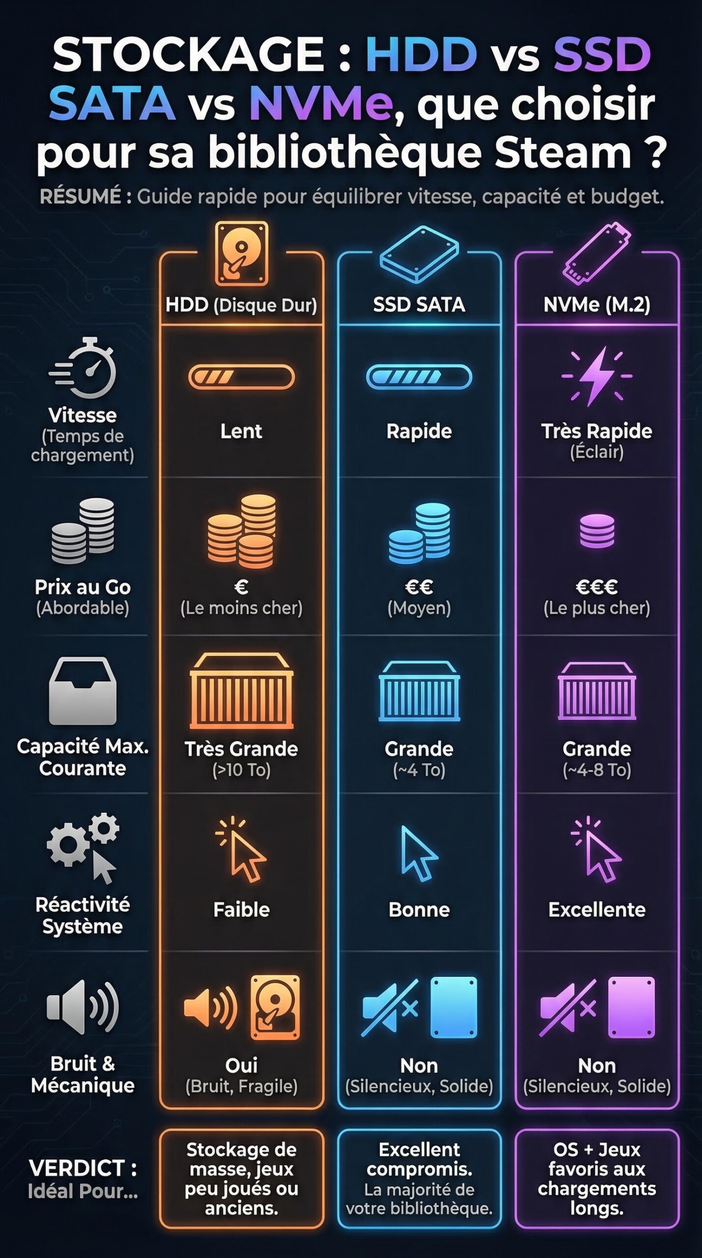 Infographie récapitulative : Stockage : HDD vs SSD SATA vs NVMe, que choisir pour sa bibliothèque Steam ?