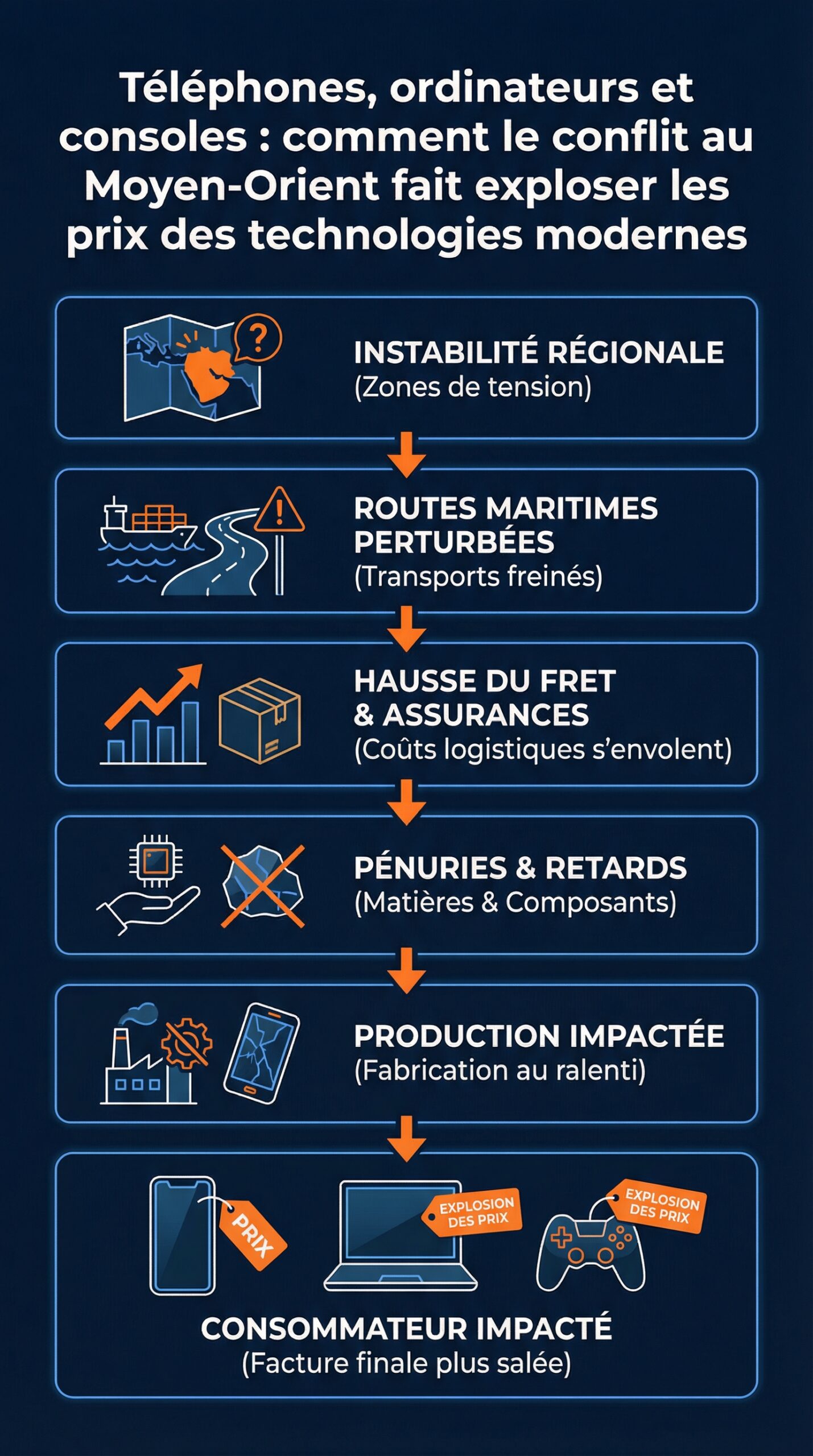 Infographie récapitulative : Téléphones, ordinateurs et consoles : comment le conflit au Moyen-Orient fait exploser les prix des technologies modernes
