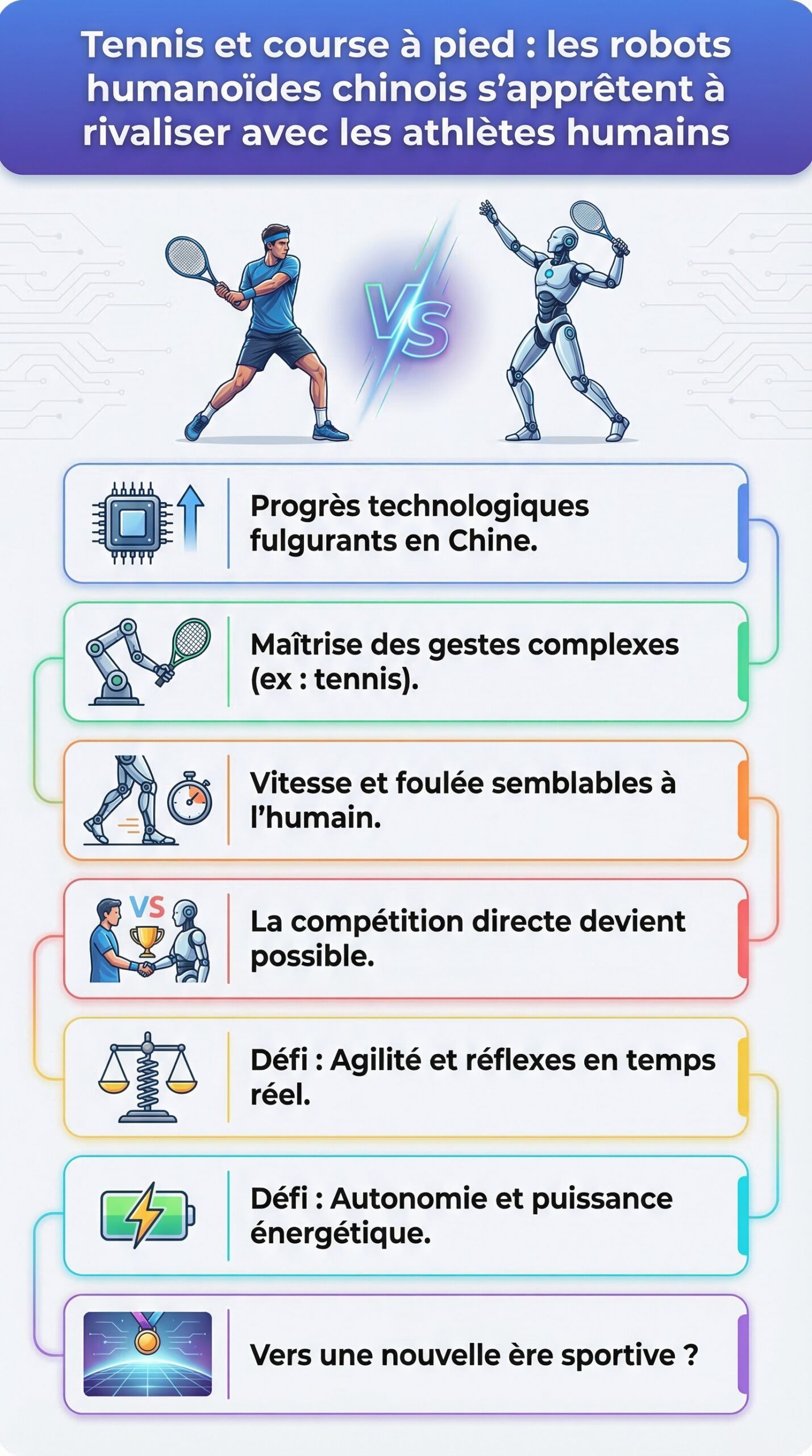 Infographie récapitulative : Tennis et course à pied : les robots humanoïdes chinois s&rsquo;apprêtent à rivaliser avec les athlètes humains