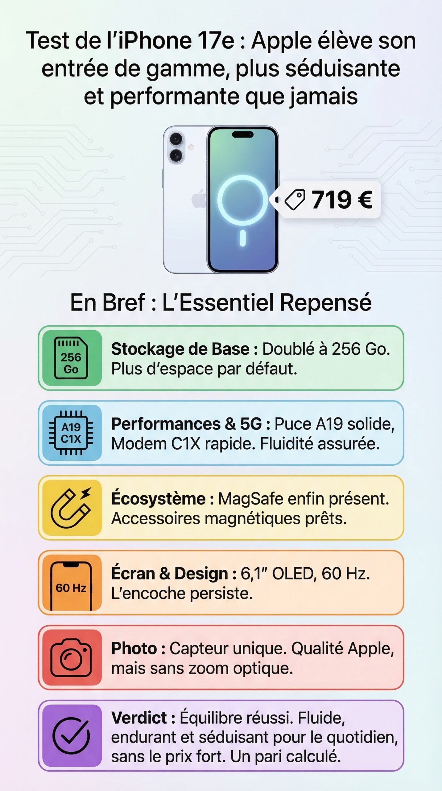 Infographie récapitulative : Test de l&rsquo;iPhone 17e : Apple élève son entrée de gamme, plus séduisante et performante que jamais