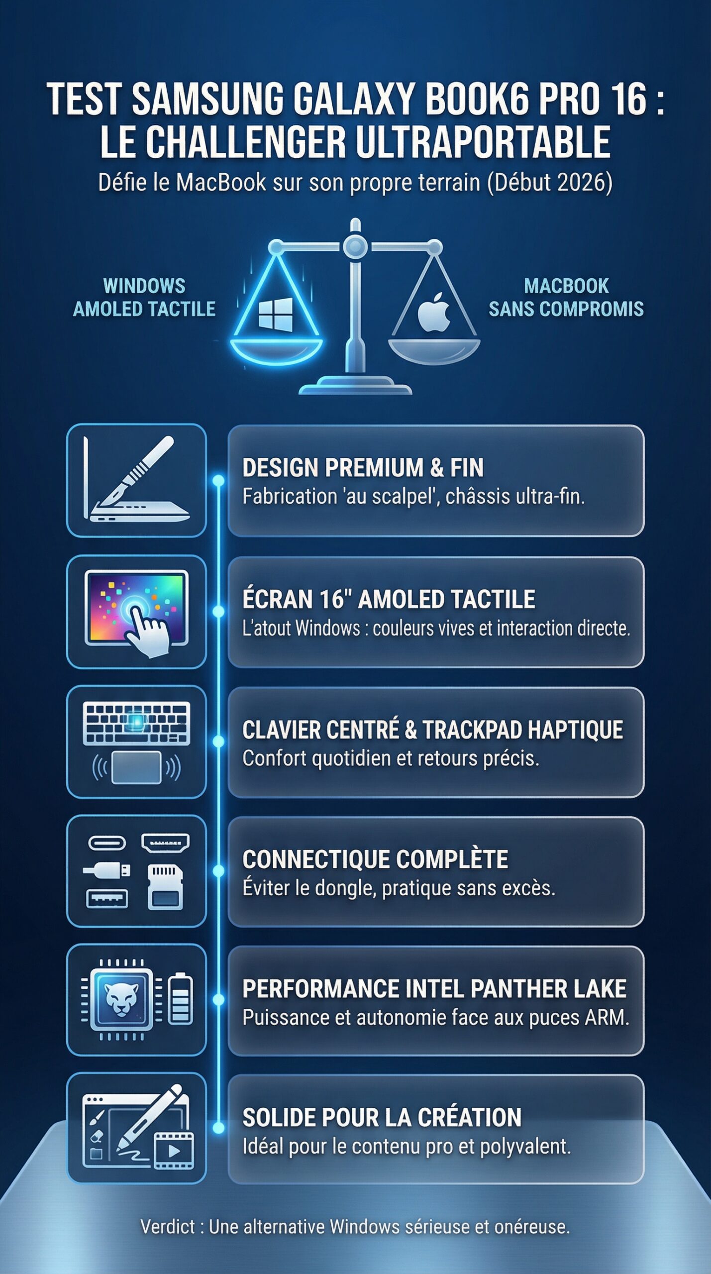 Infographie récapitulative : Test du Samsung Galaxy Book6 Pro 16 : le challenger ultraportable défie le MacBook sur son propre terrain